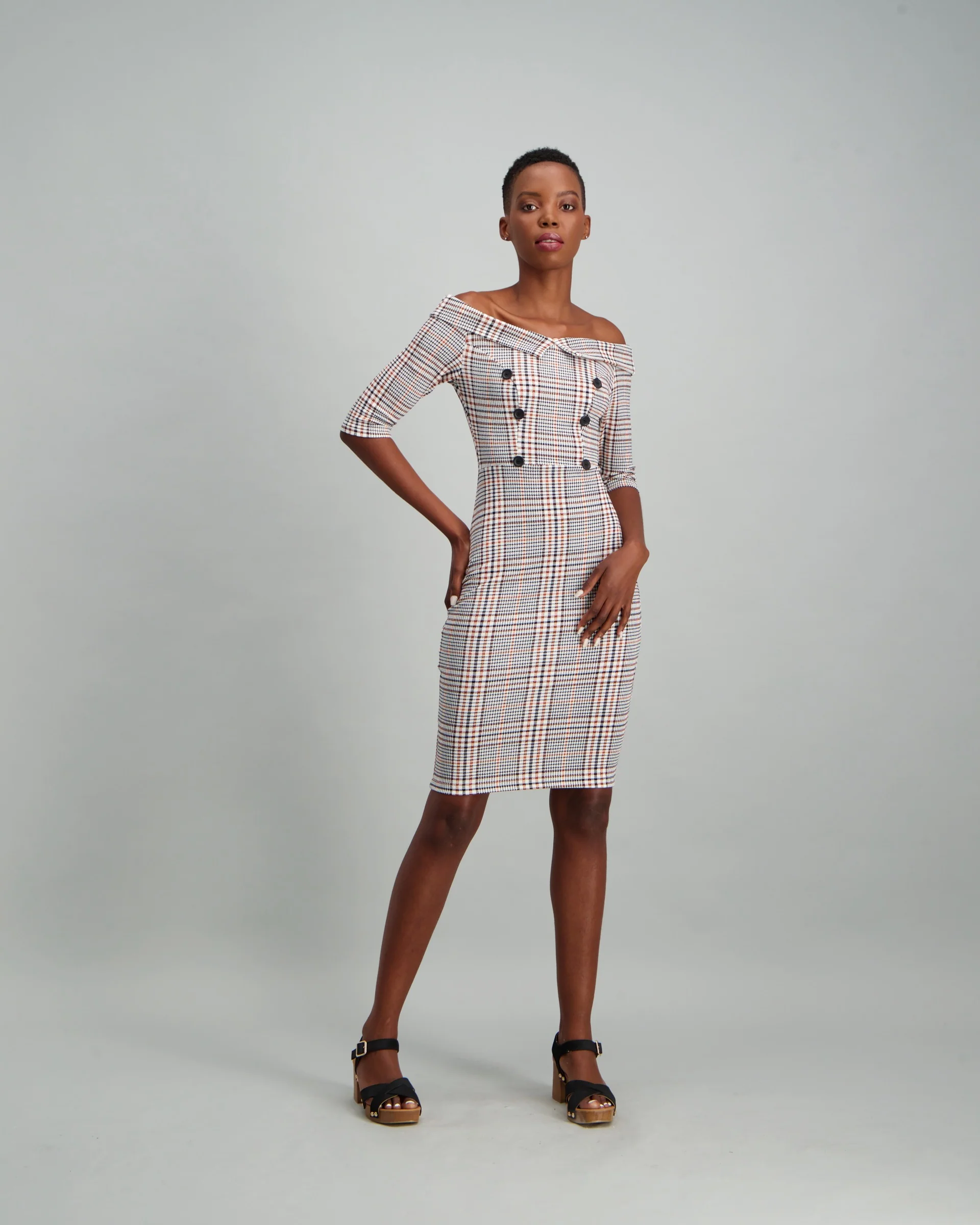 3/4 Sleeve Button Detail Dress - Check - Image 2