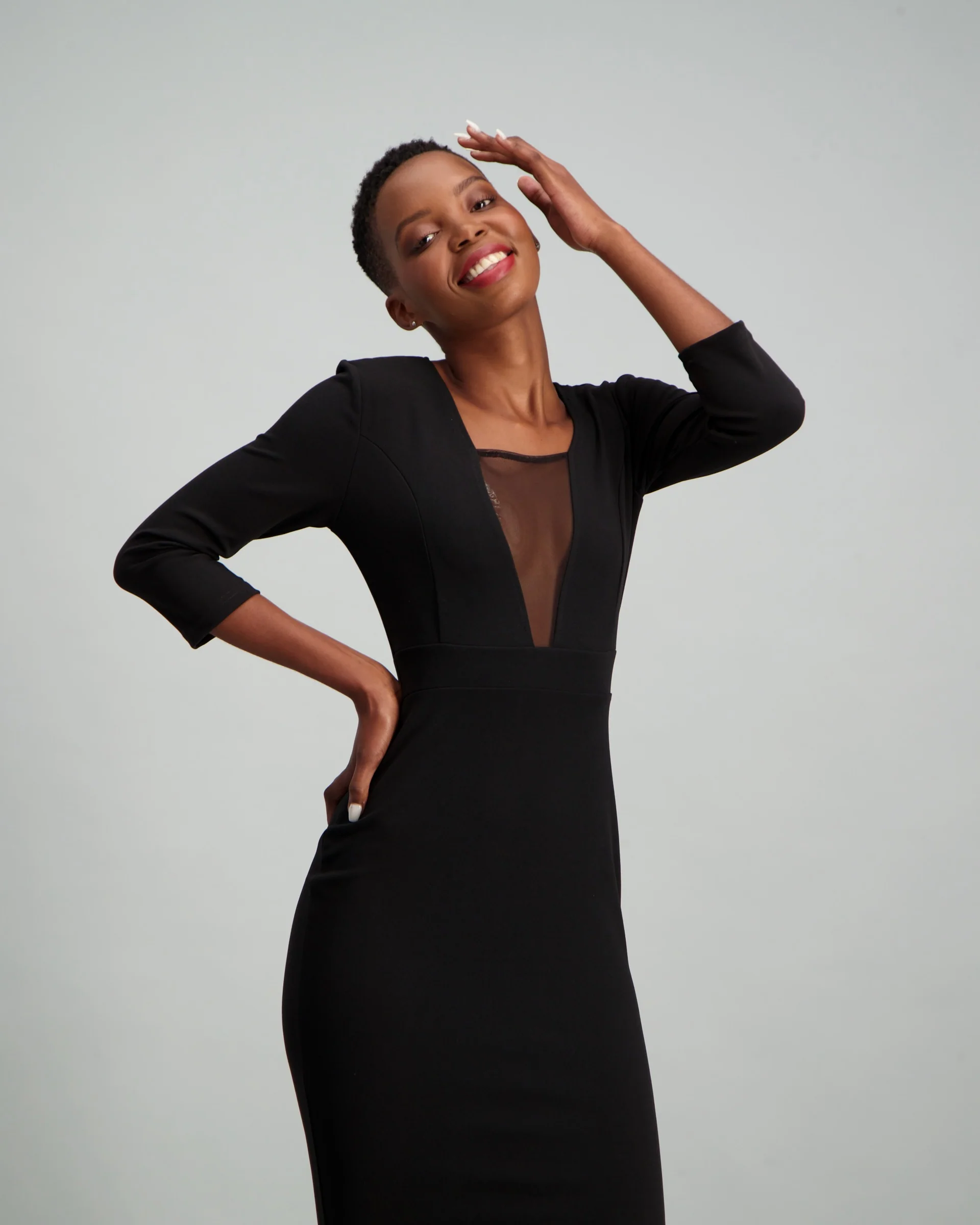 3/4 Sleeve Mesh Inset Flounce Dress - Black - Image 2