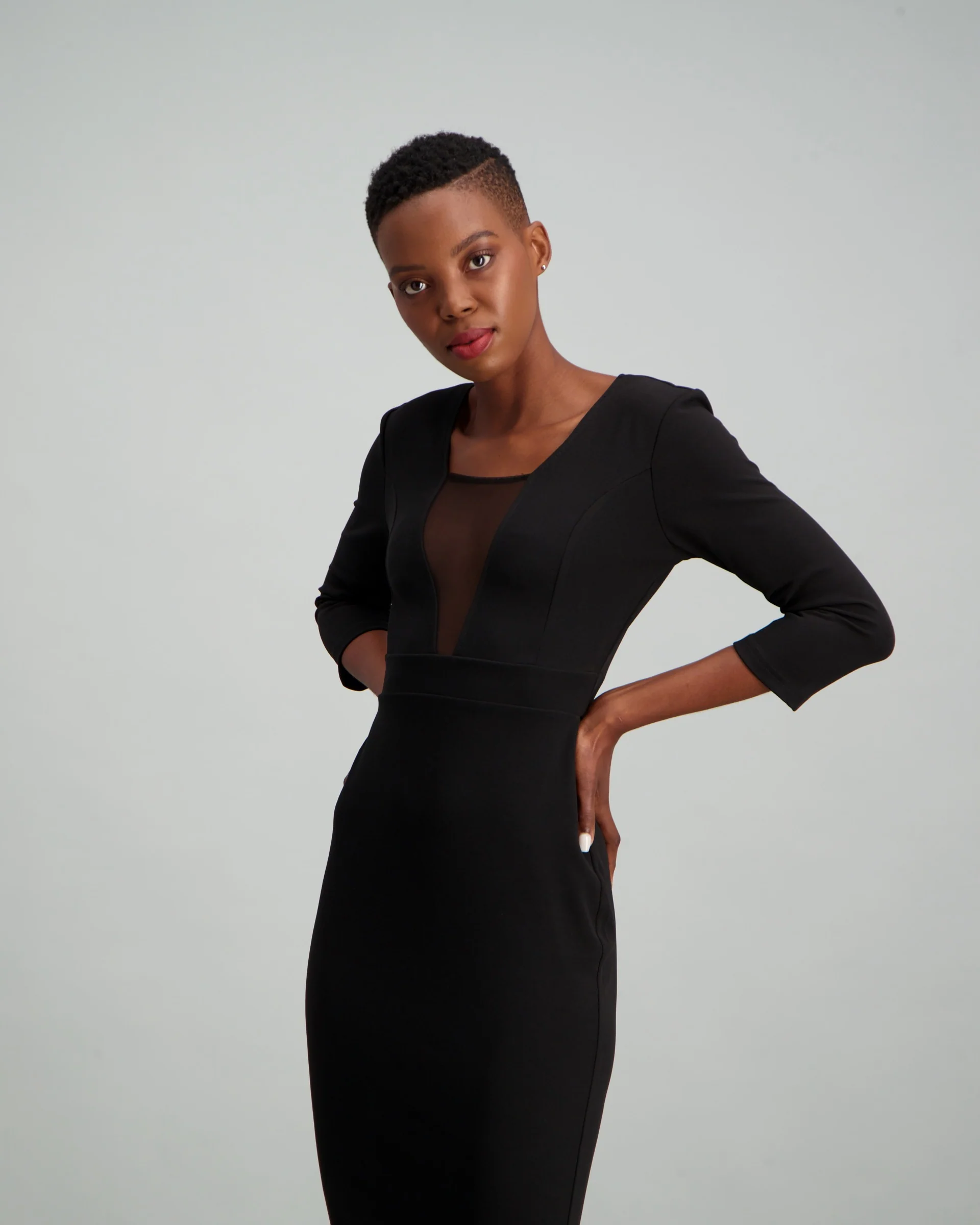 3/4 Sleeve Mesh Inset Flounce Dress - Black - Image 3