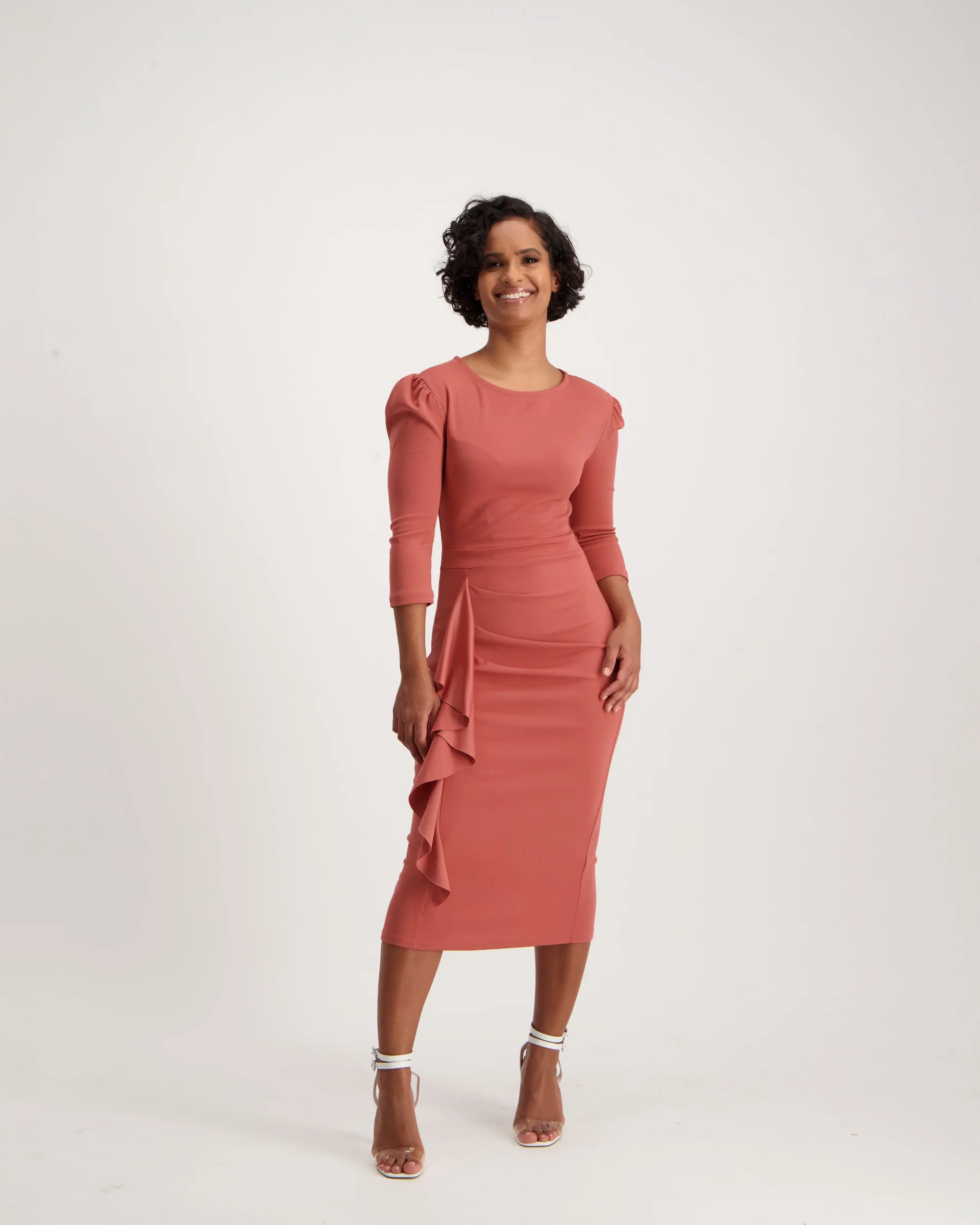 3/4 Sleeve Waterfall Dress with Frill Detail - Dark Blush - Image 2