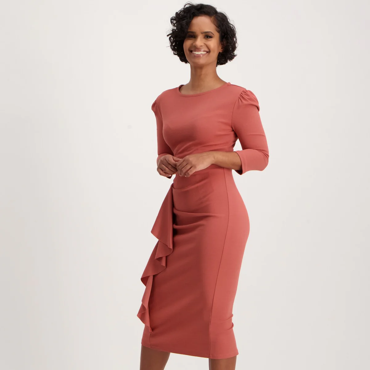 3/4 Sleeve Waterfall Dress with Frill Detail - Dark Blush - Image 3