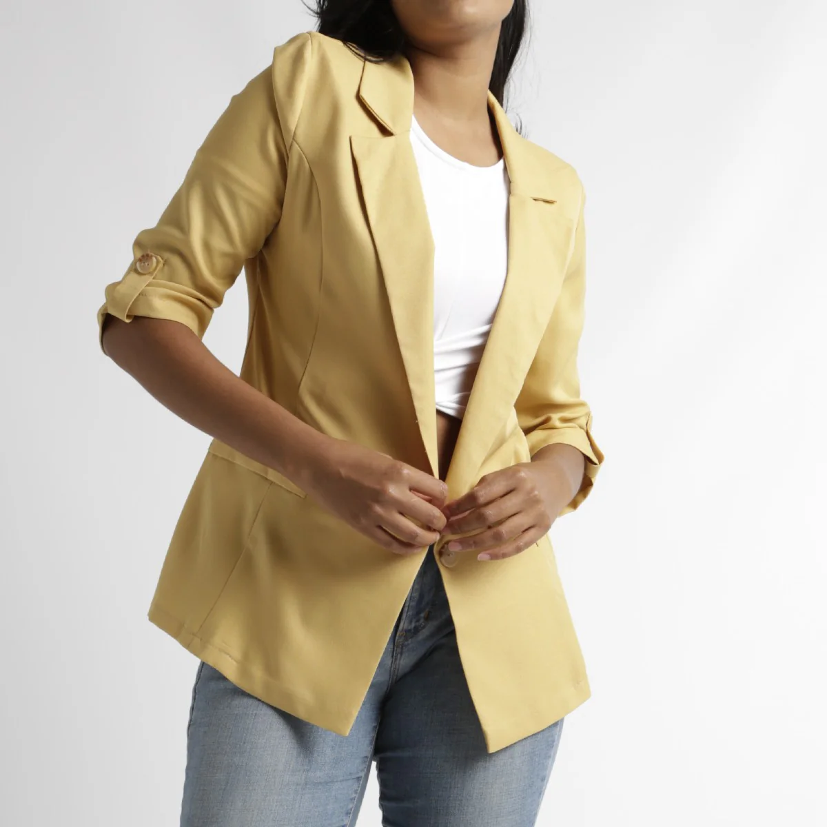 3/4 Turn-up Sleeve Double Breasted Unlined Jacket - Mustard - Image 2