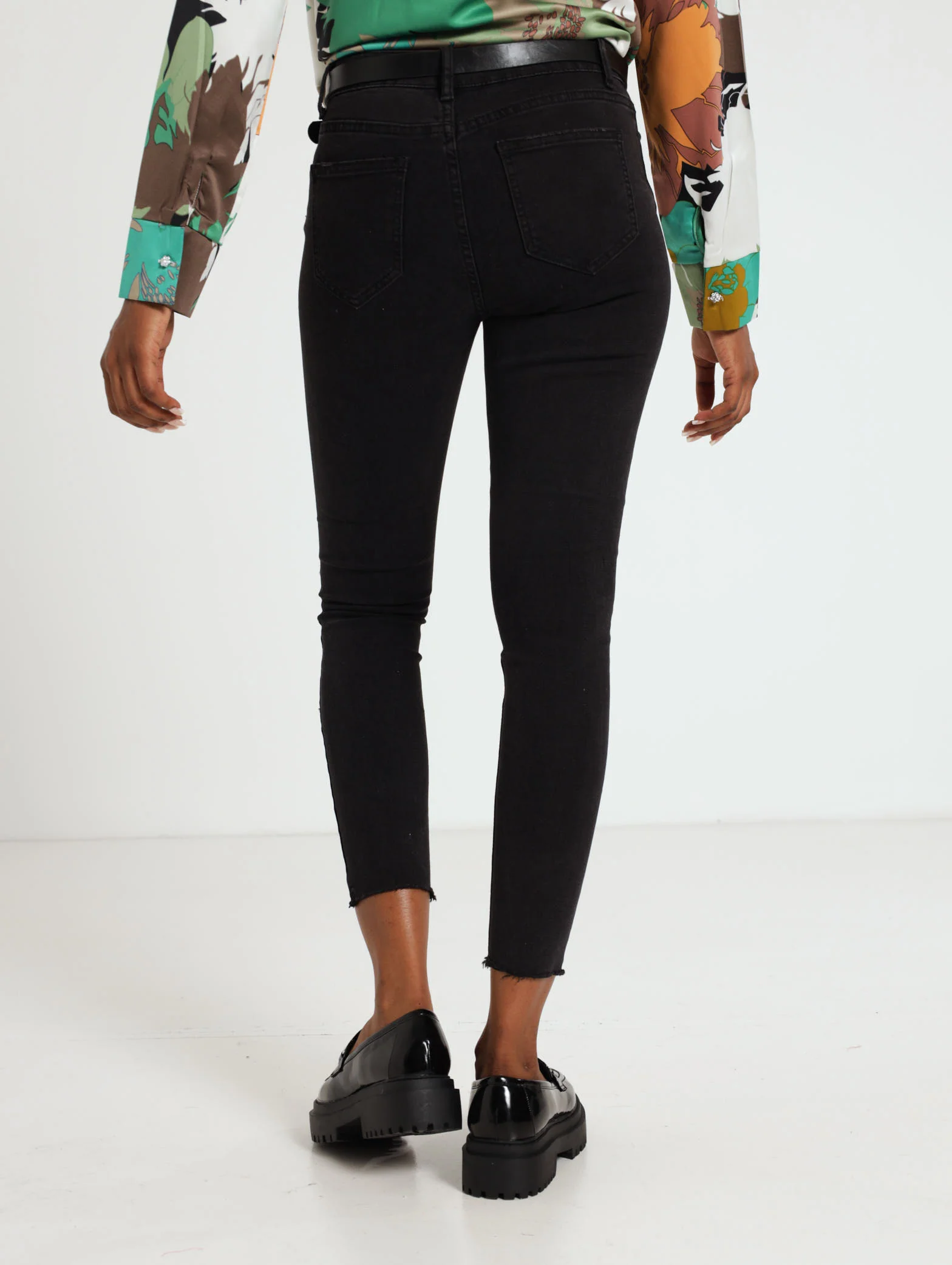 Black Button Fly Raw Hem Belted Skinny Jean - Image 3