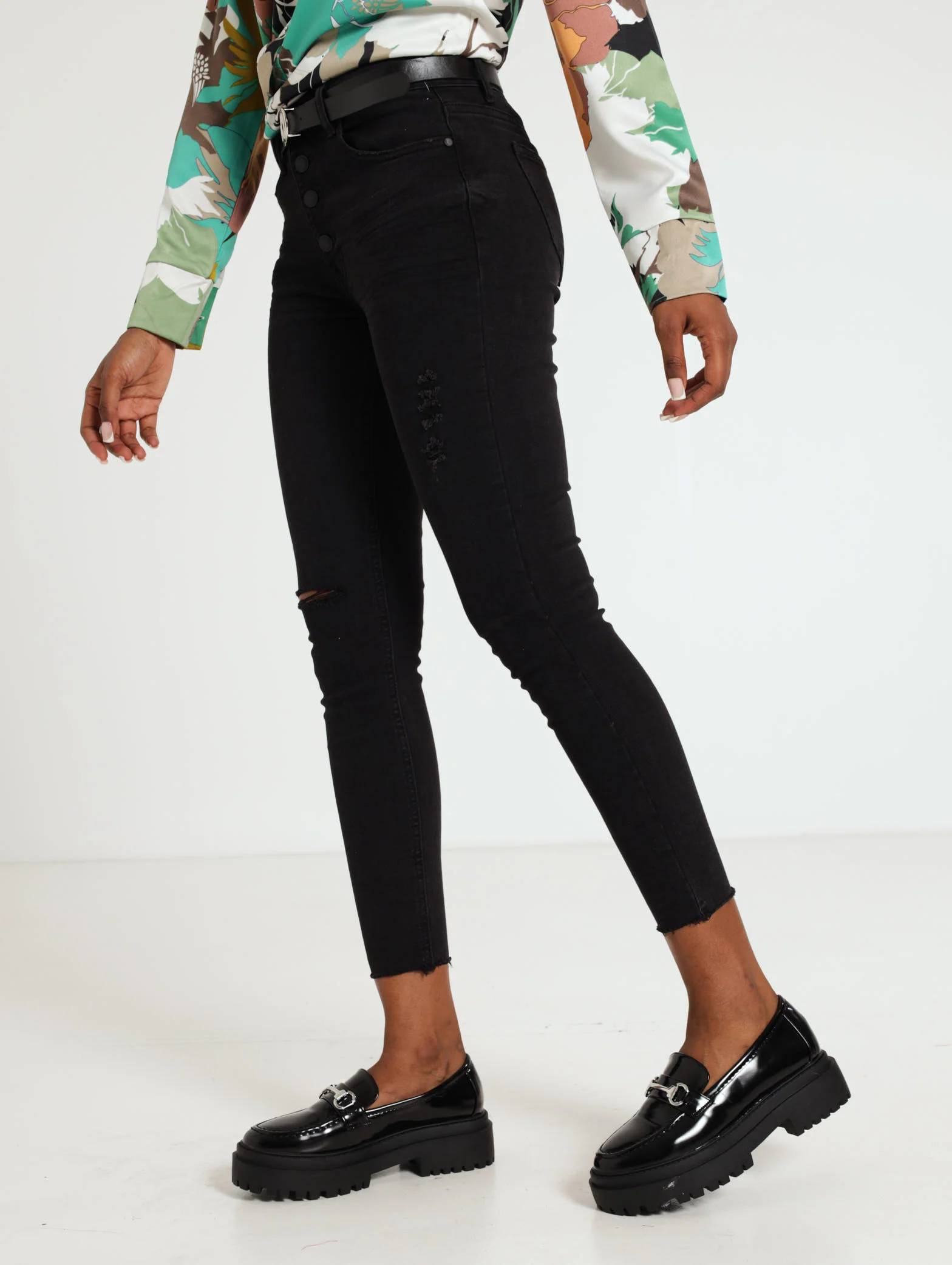 Black Button Fly Raw Hem Belted Skinny Jean - Image 4