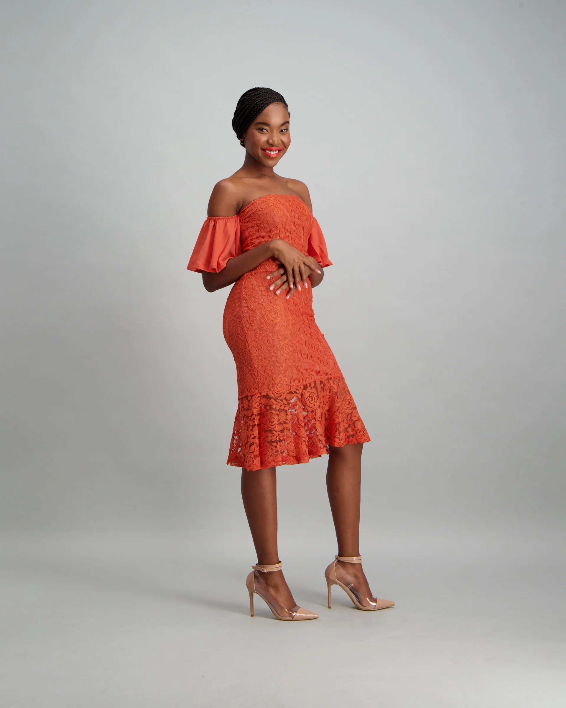Bodycon with Chiffon Sleeve & Flounce - Rust - Image 2
