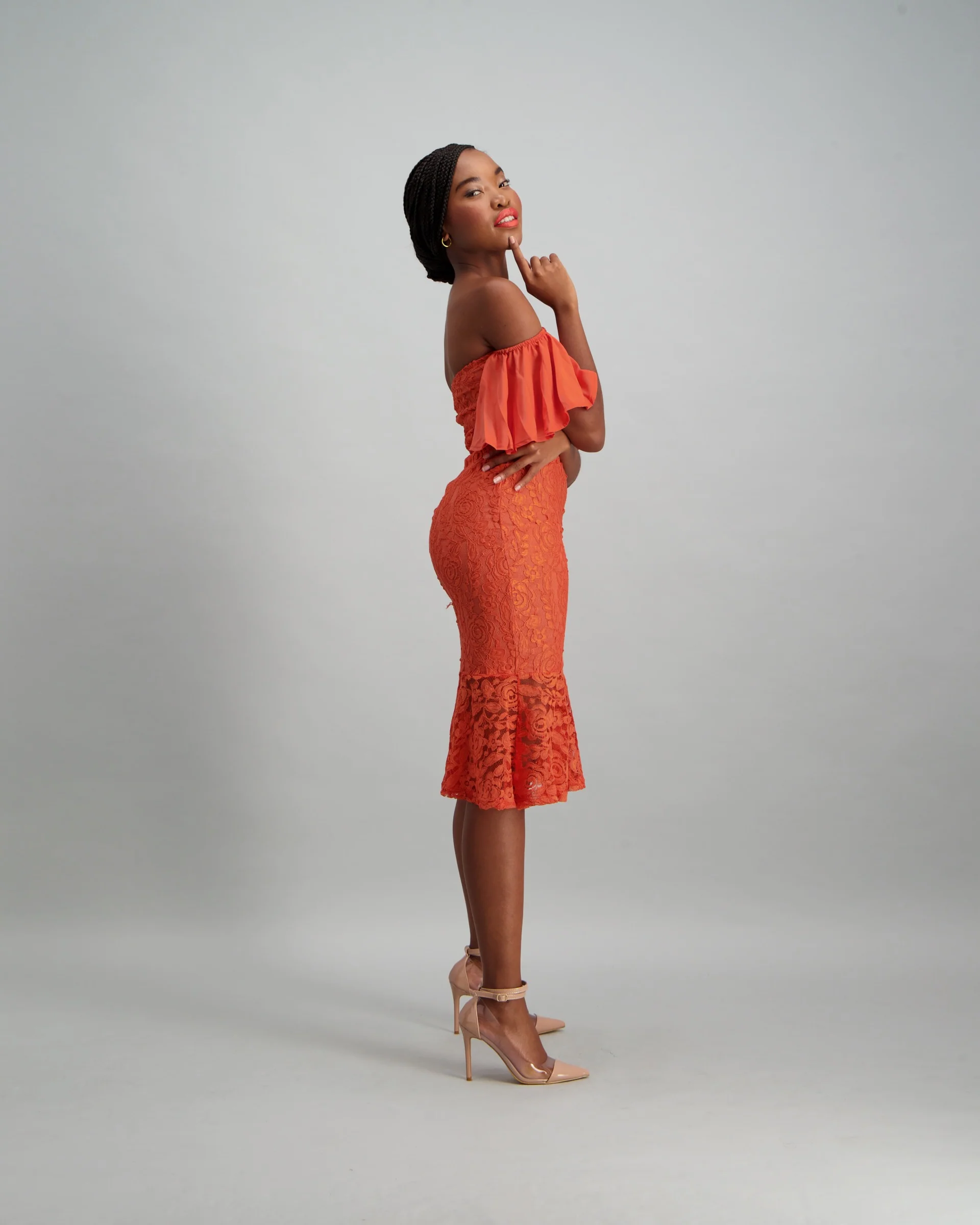 Bodycon with Chiffon Sleeve & Flounce - Rust - Image 3