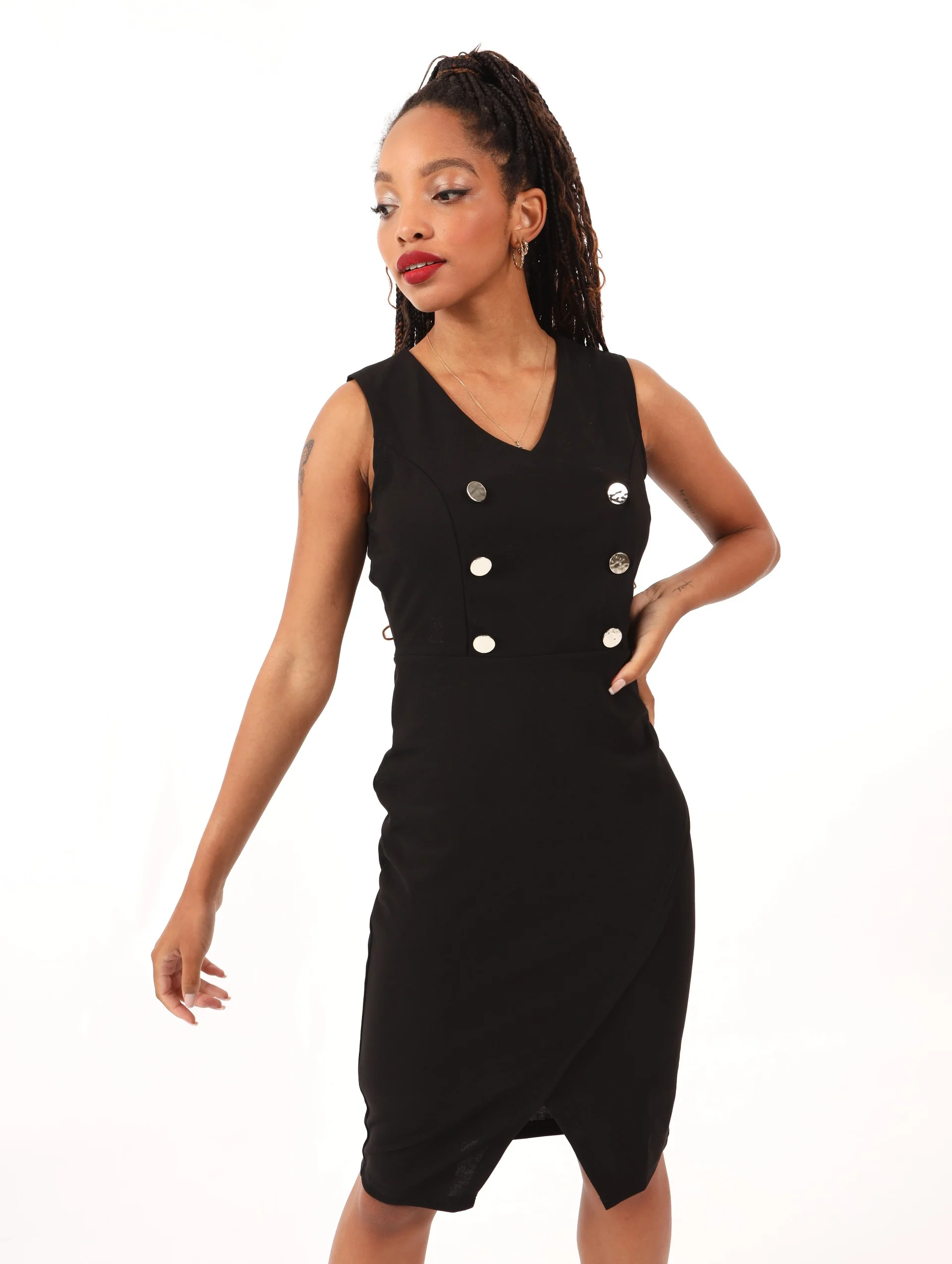 Button Bodice Mock Wrap Dress - Black