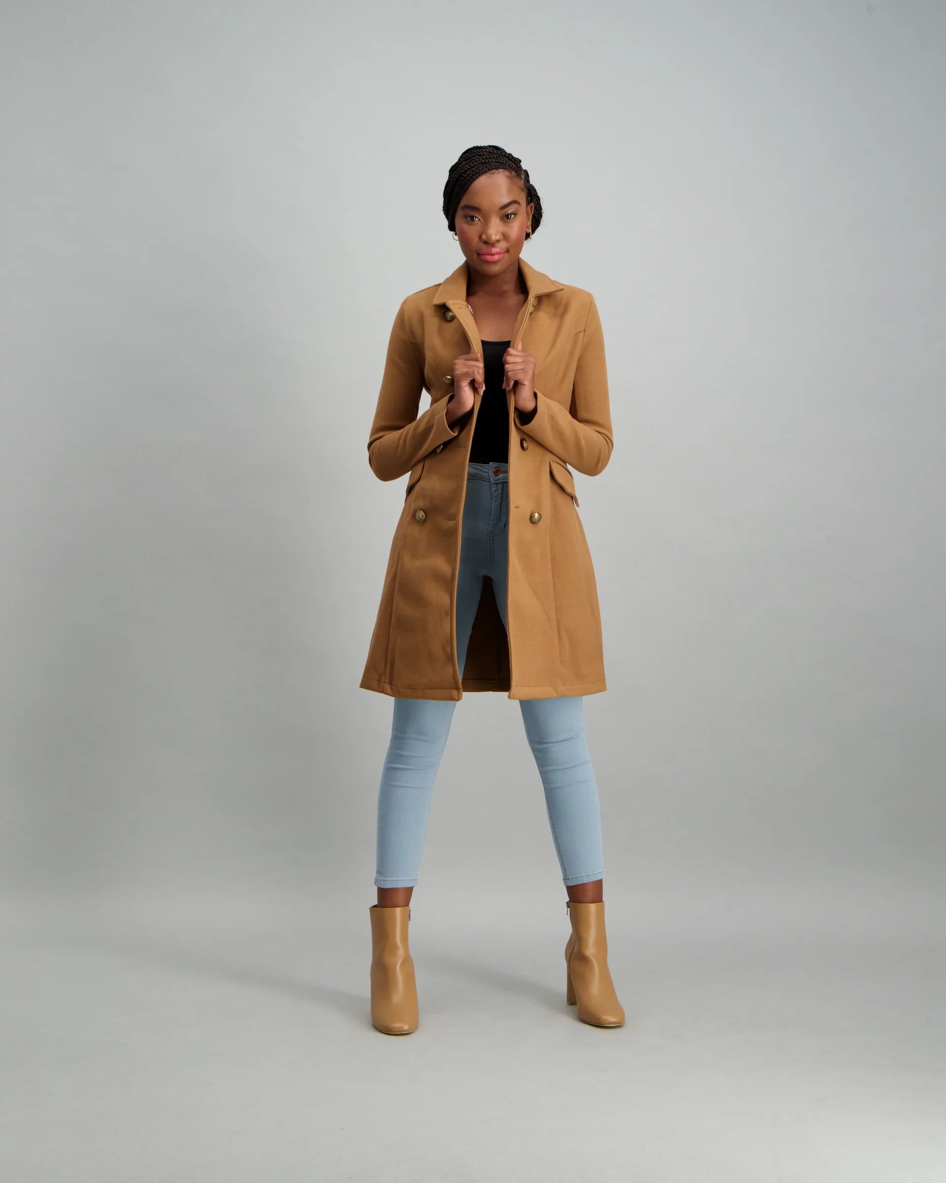 Buttoned Double Breasted Unlined Jacket - Caramel - Image 3