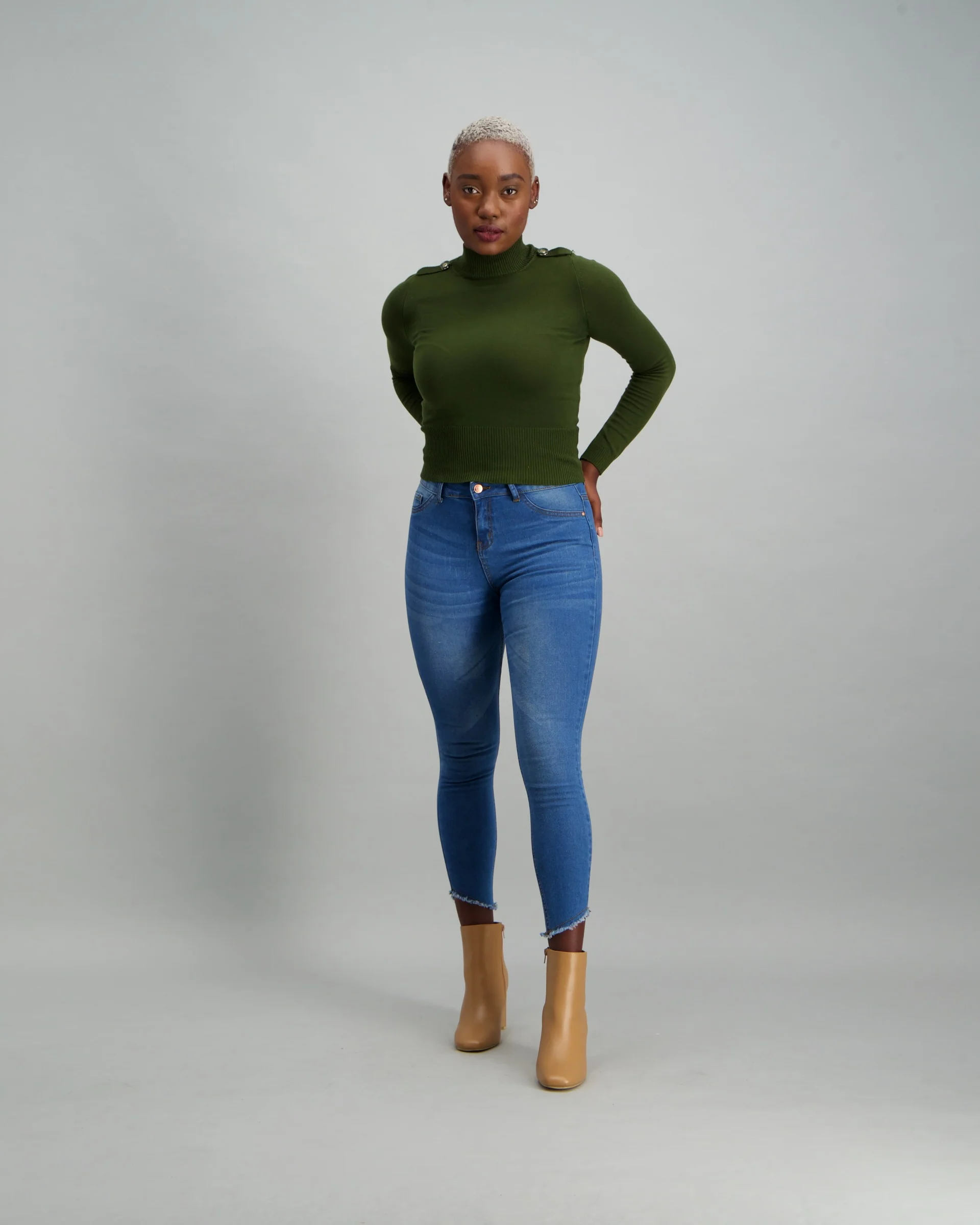 Buttoned Turtle Neck Knit Jersey - Fatigue Green - Image 2