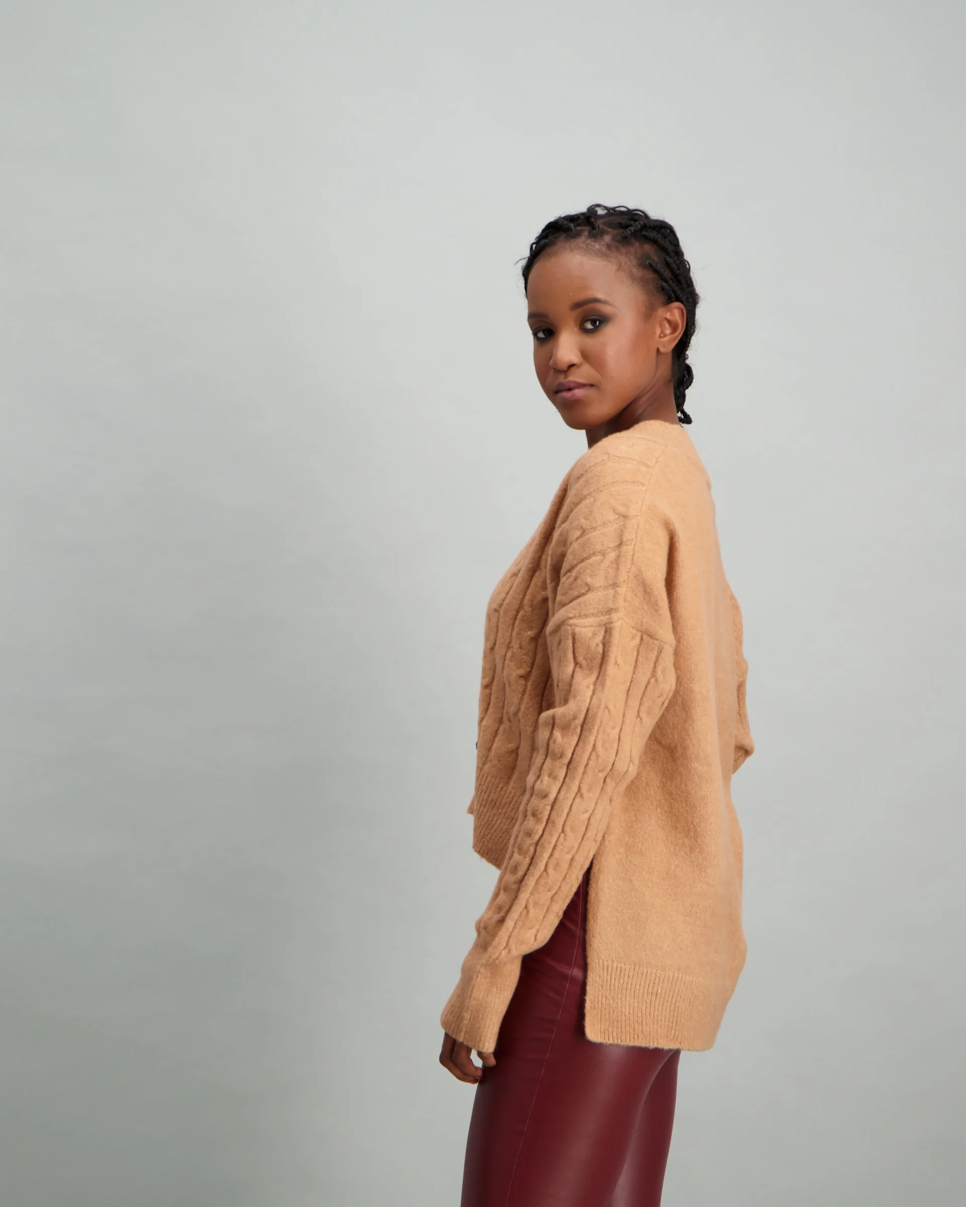 Cable V-Neck with Hi-Low Hem - Blush - Image 3