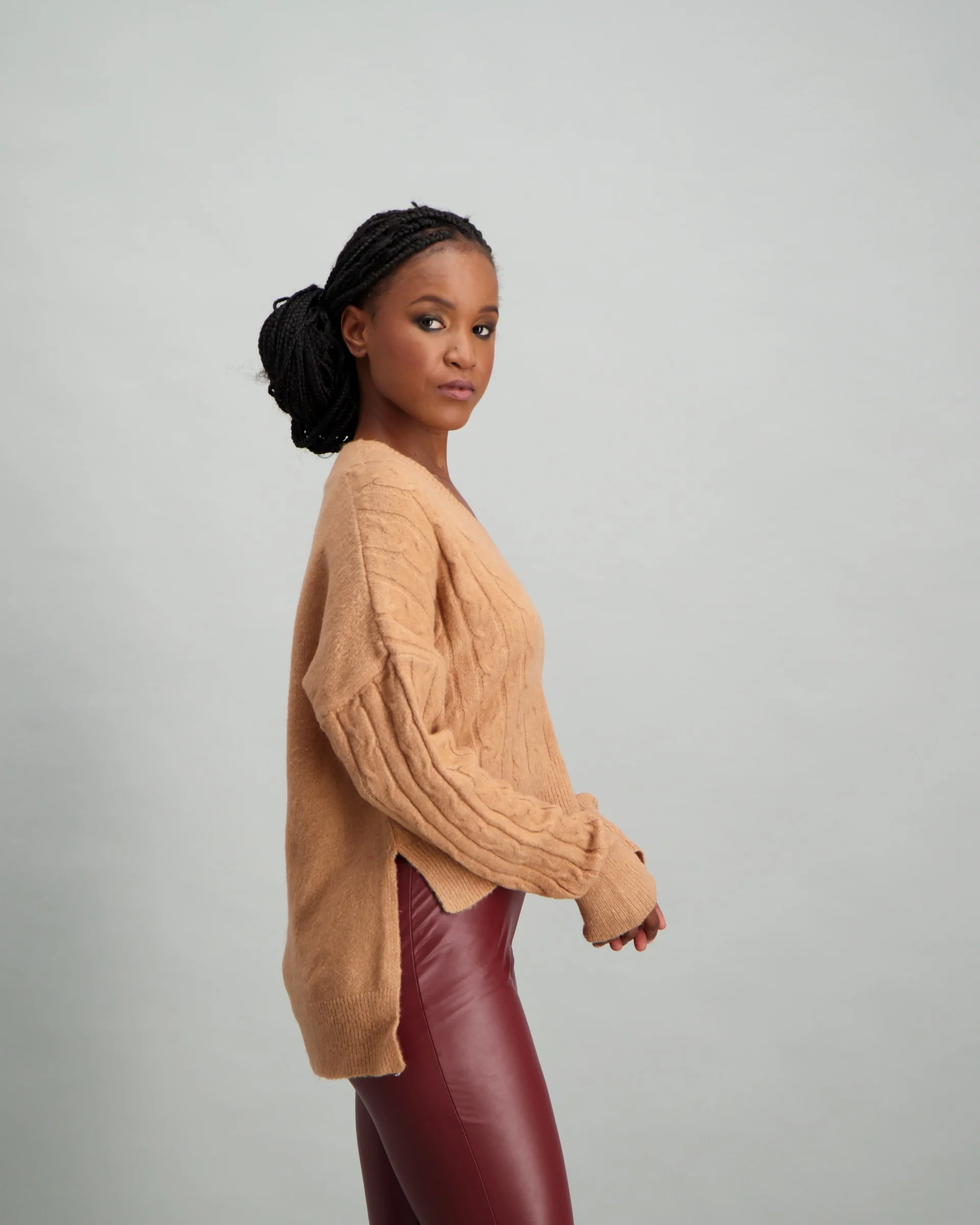 Cable V-Neck with Hi-Low Hem - Blush - Image 4