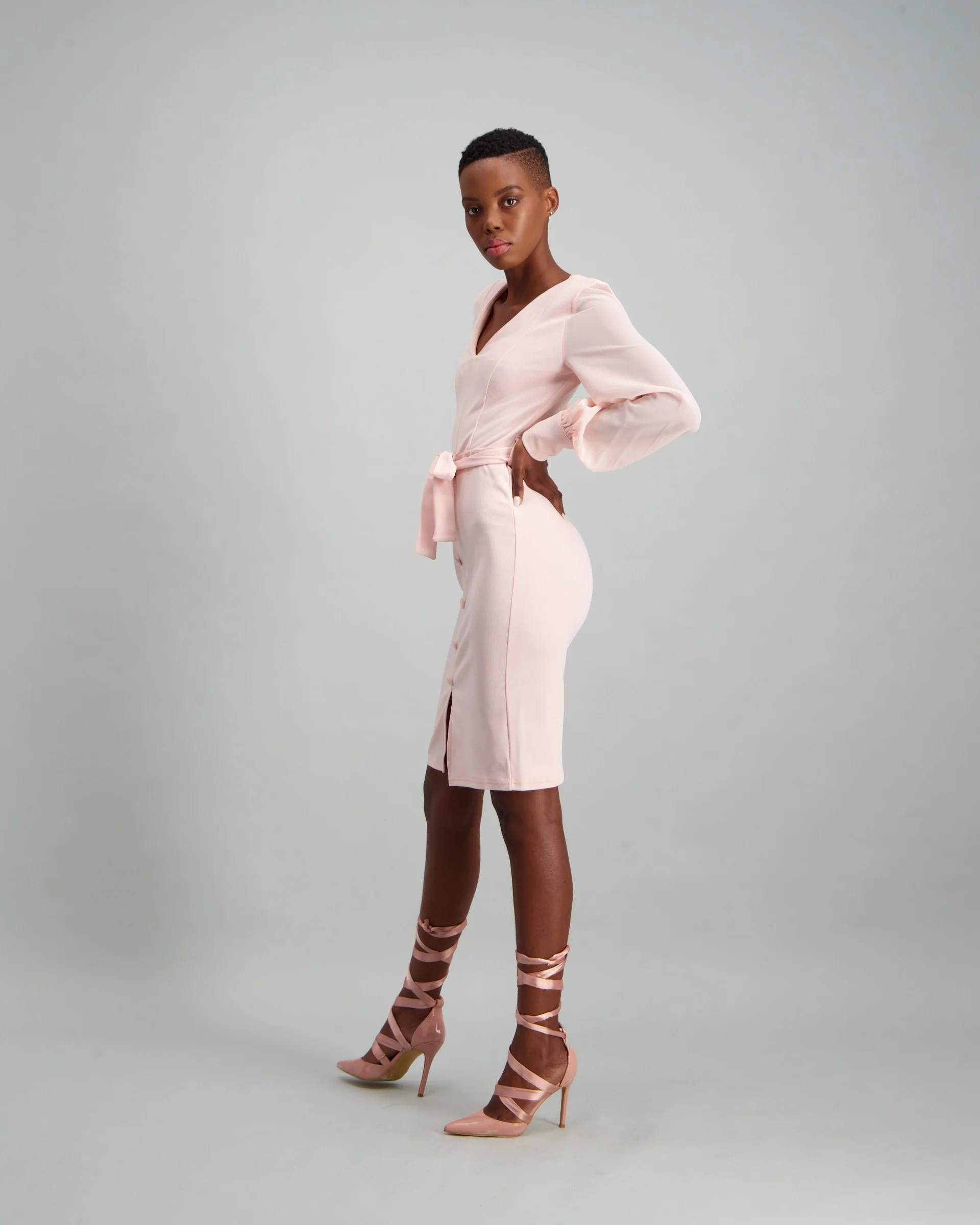 Chiffon Long Sleeve Tuxedo Dress - Blush - Image 2