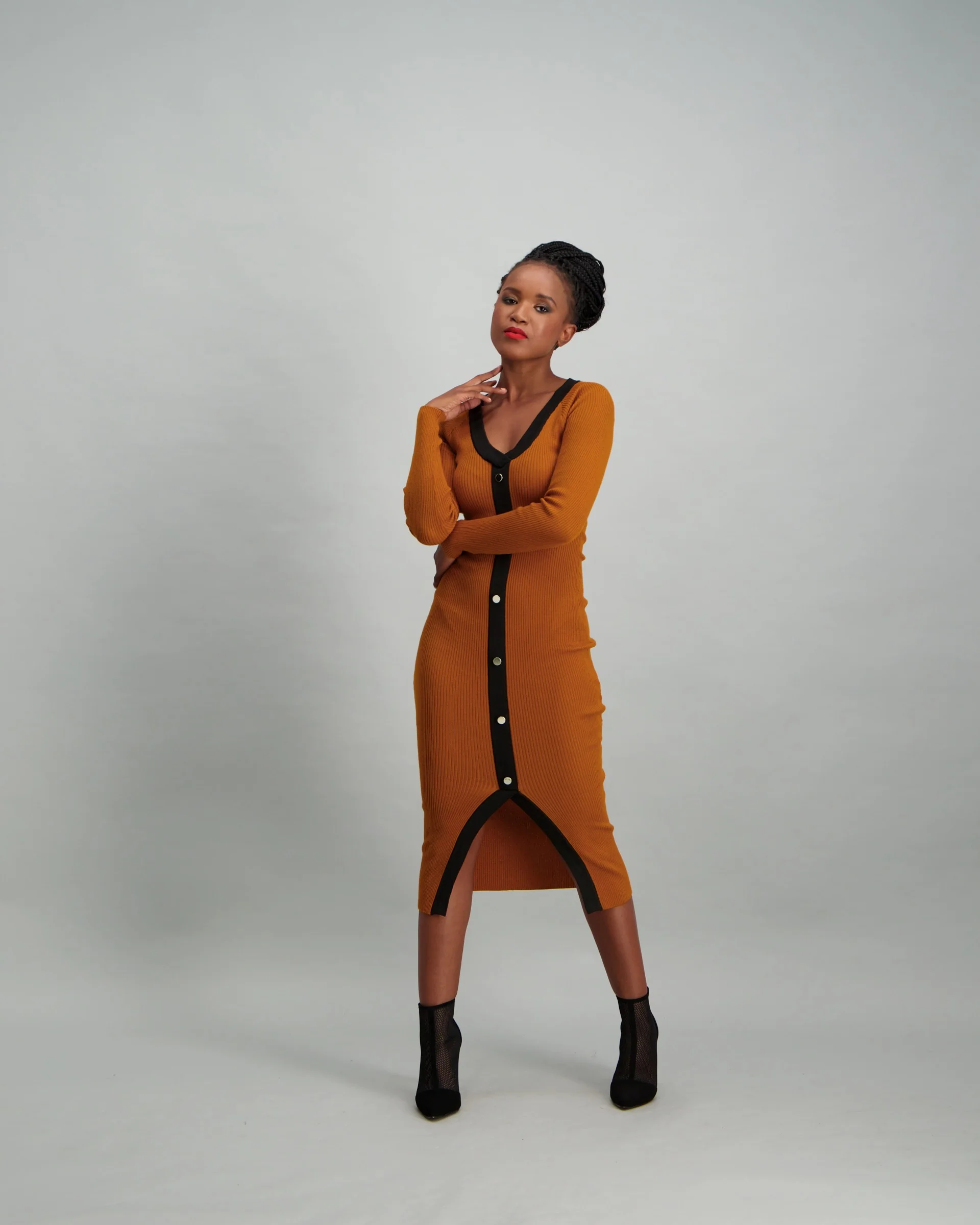 Contrast Button Front Knitwear Dress - Mustard