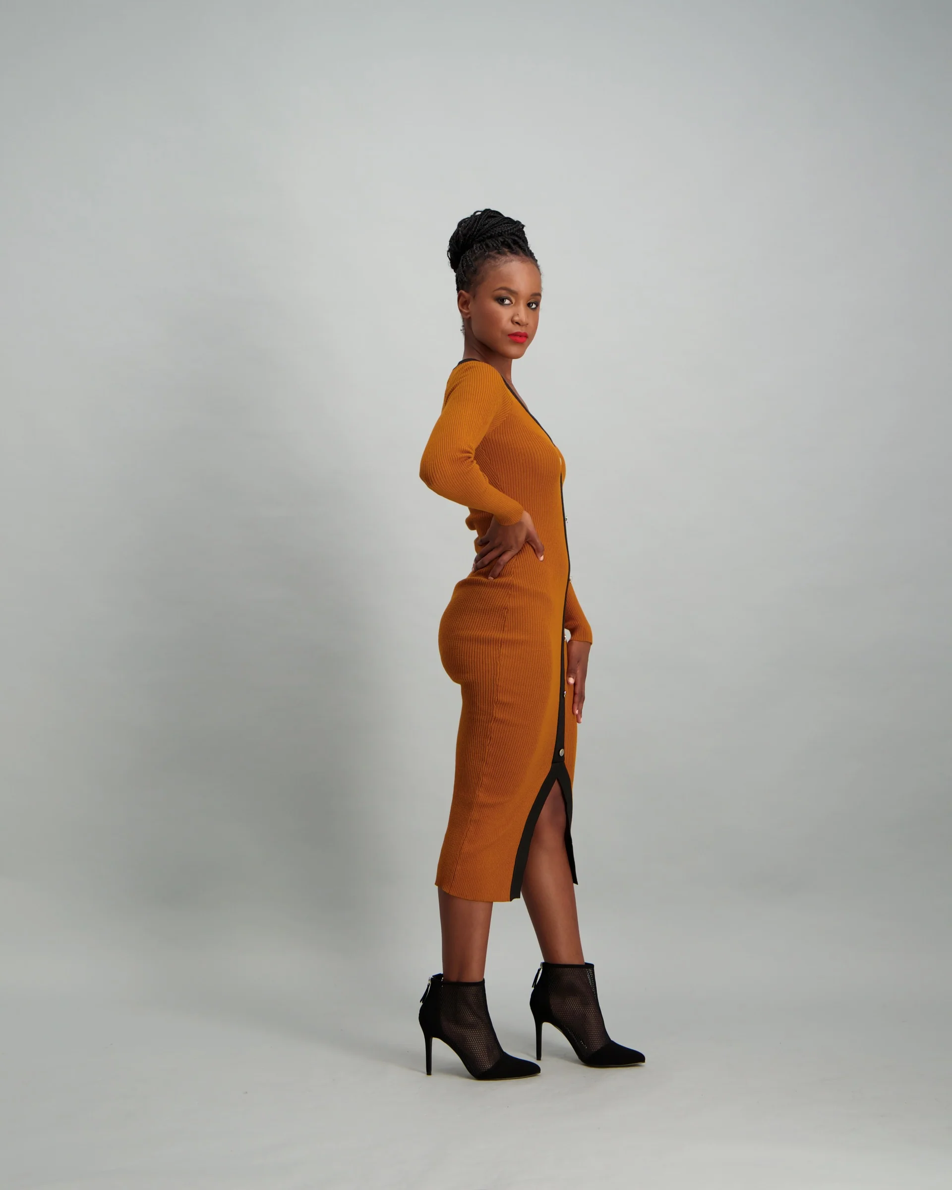 Contrast Button Front Knitwear Dress - Mustard - Image 2