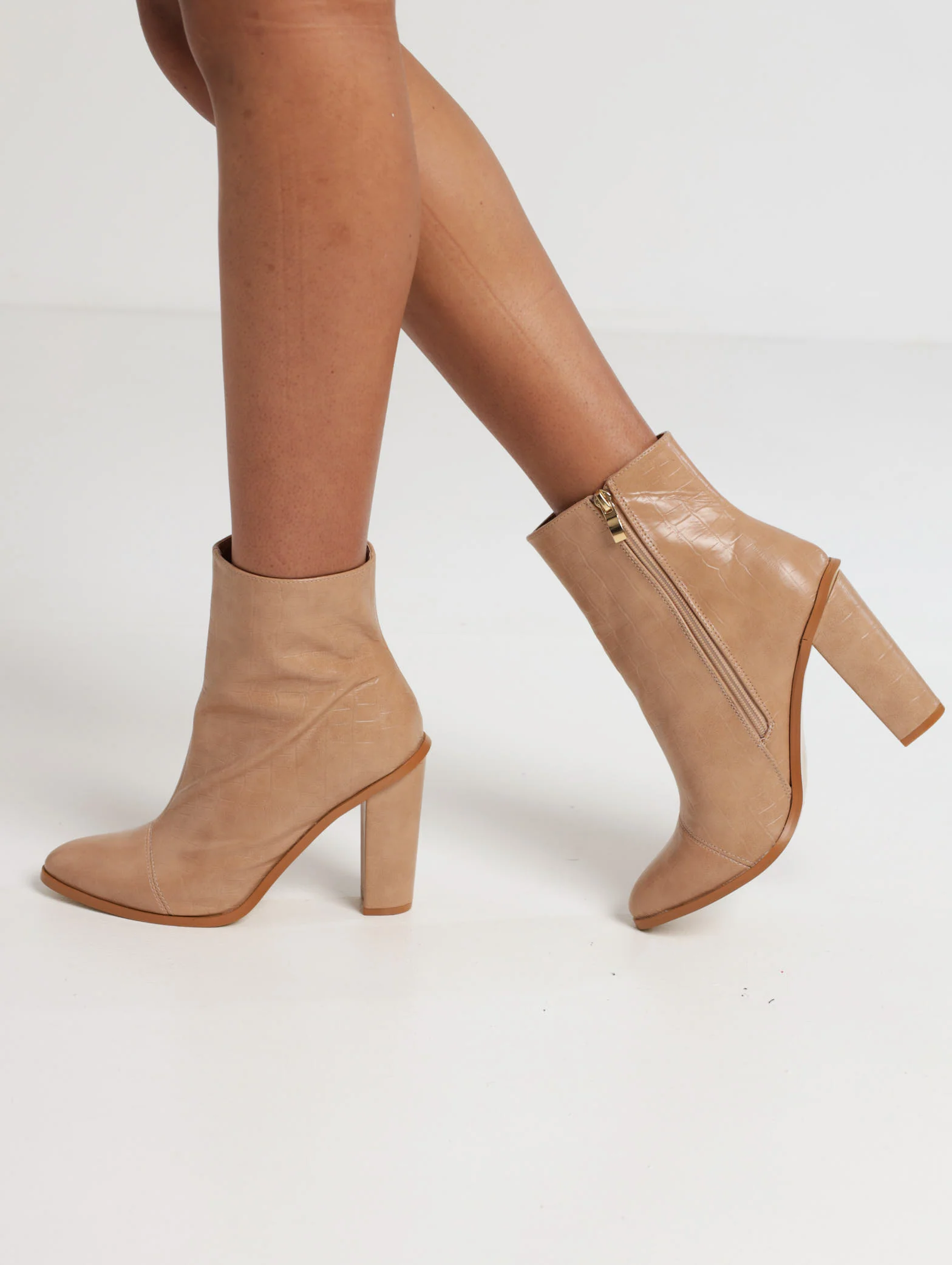 Croc Embossed Ankle Boot On Block Heel - Sand