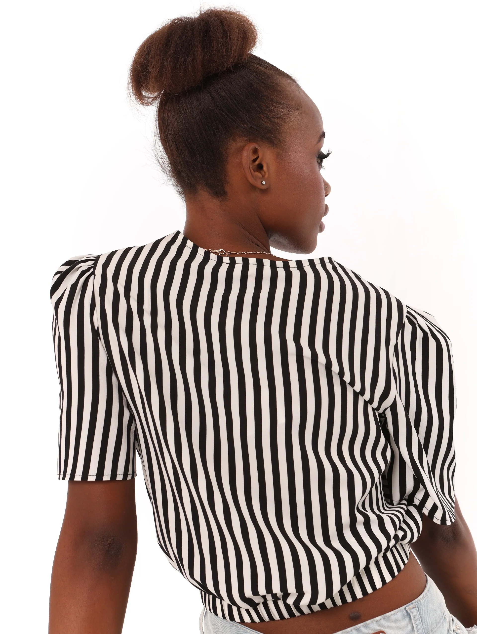 Crossover Elastic Hem Blouse - White/Black - Image 4