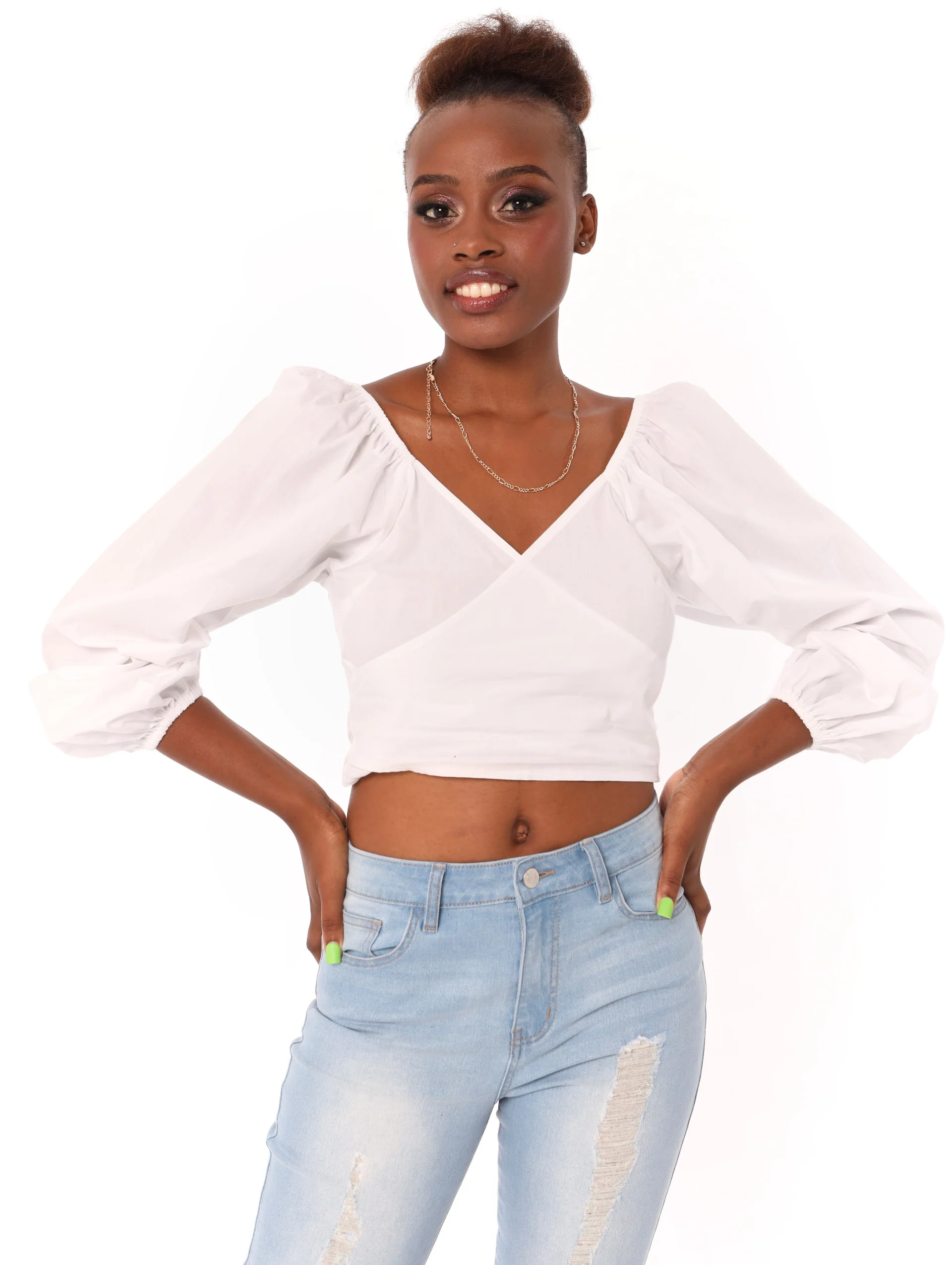 Crossover Front Puff Sleeve Blouse - White