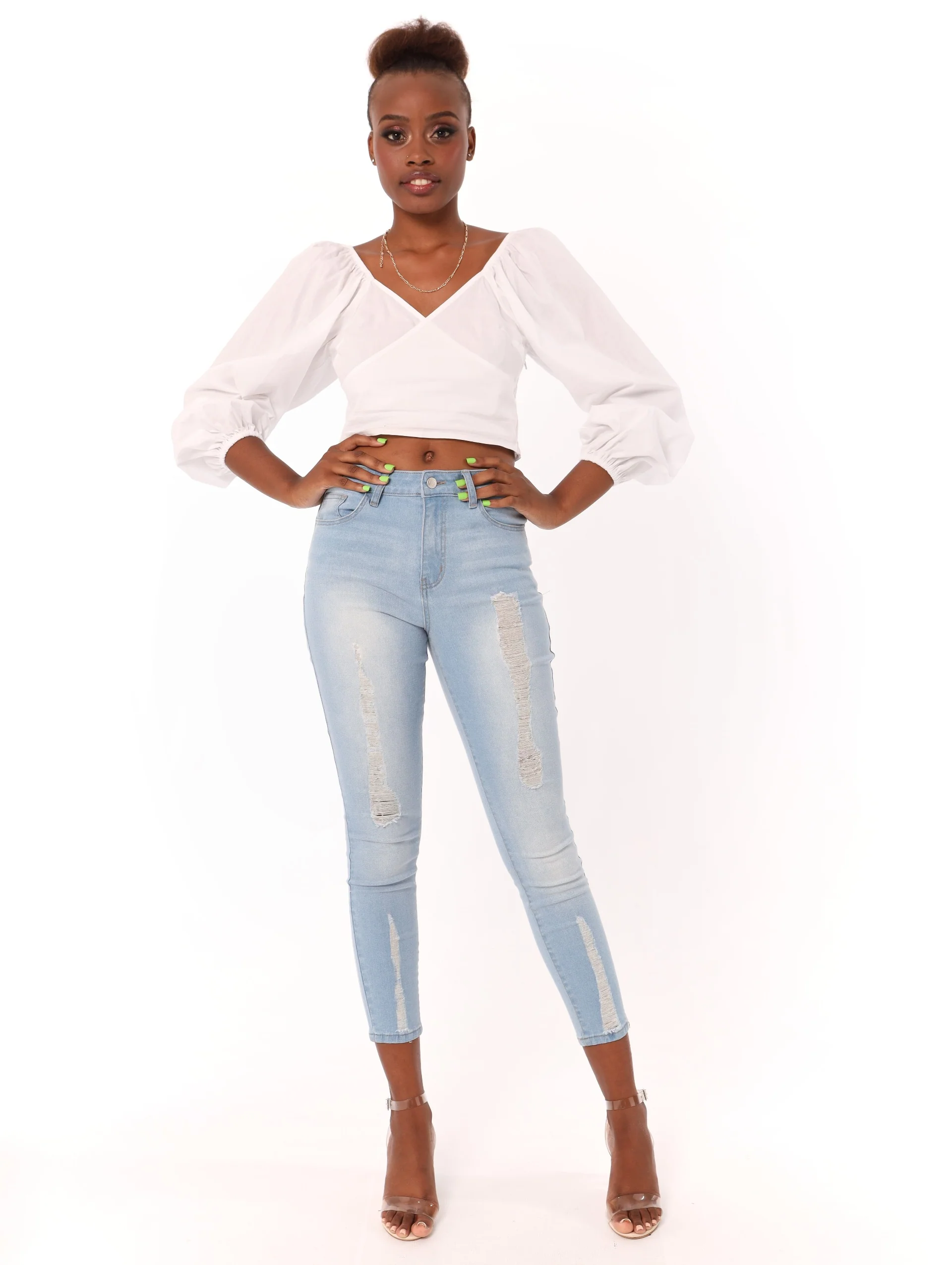 Crossover Front Puff Sleeve Blouse - White - Image 2