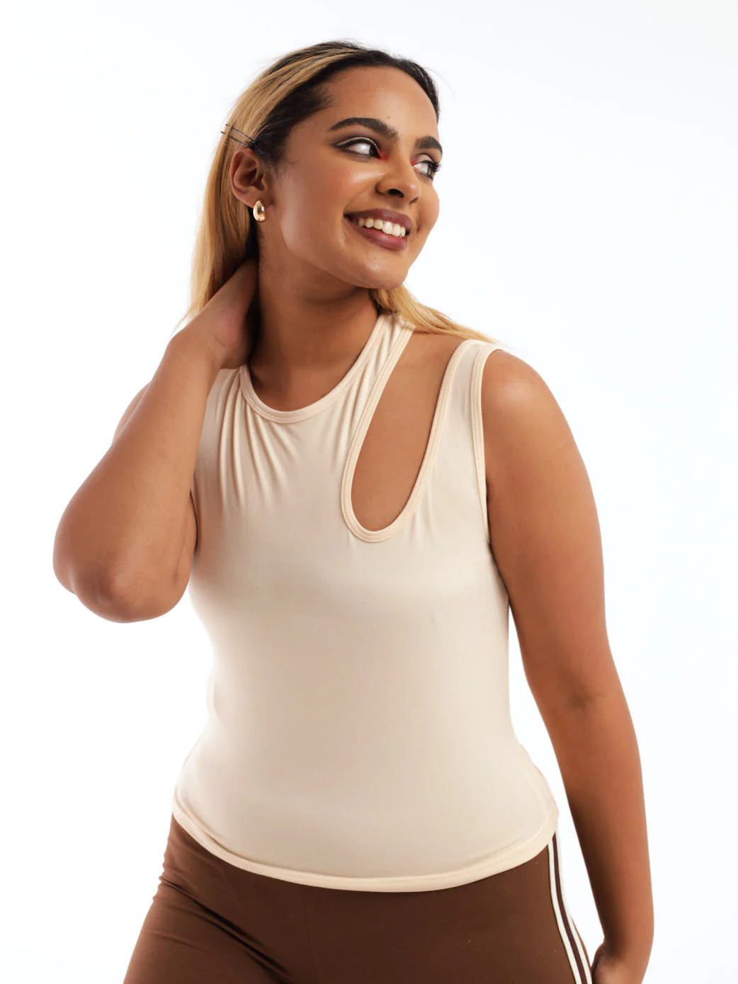 Cut Out Shoulder Tank Top - Stone