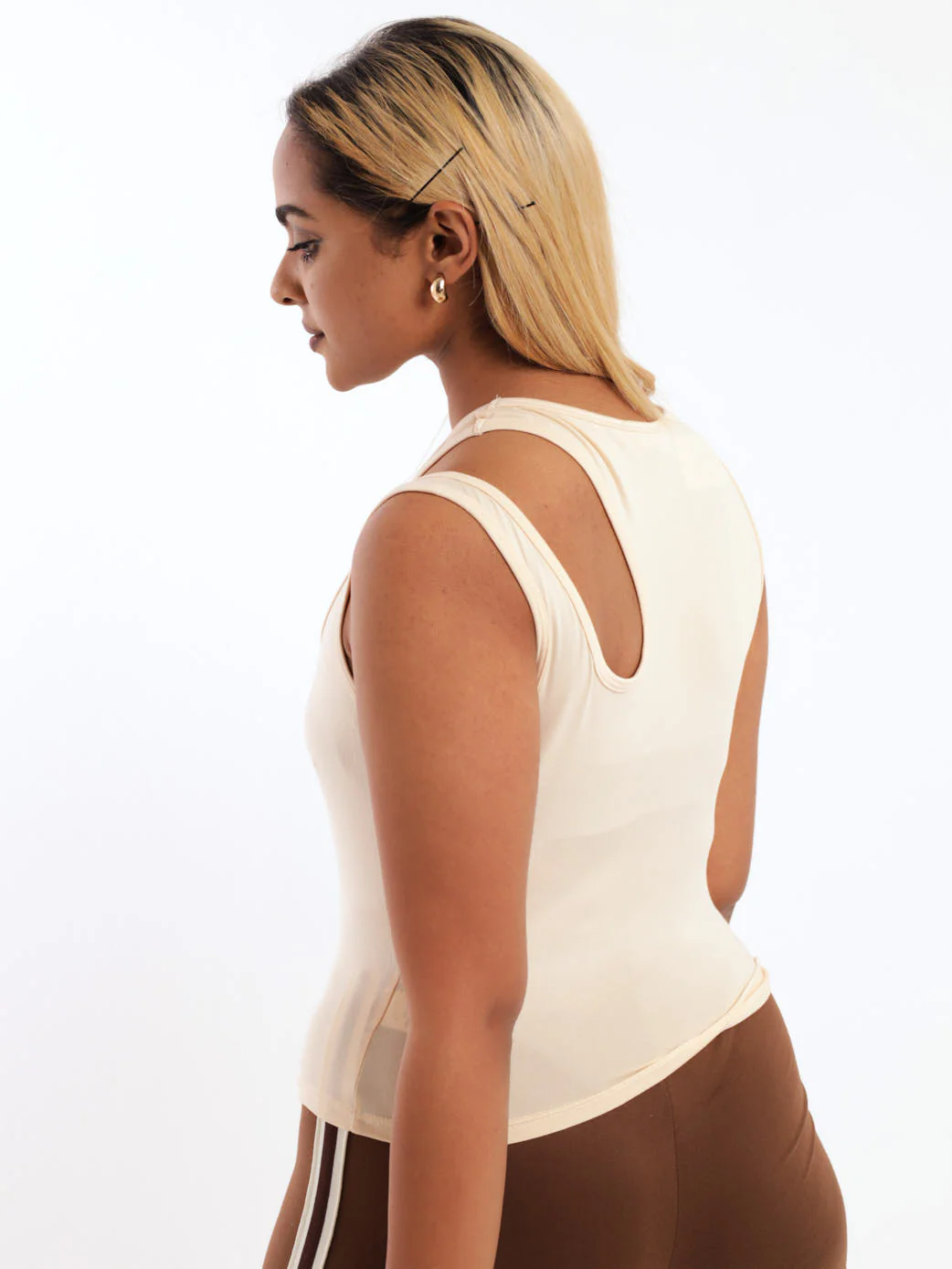 Cut Out Shoulder Tank Top - Stone - Image 3