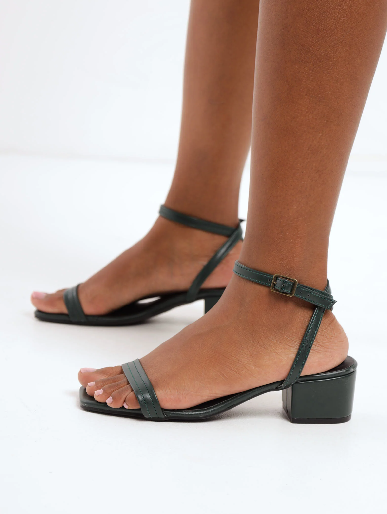 Dainty Strap PU Low Block Heel - Bottle Green - Image 2