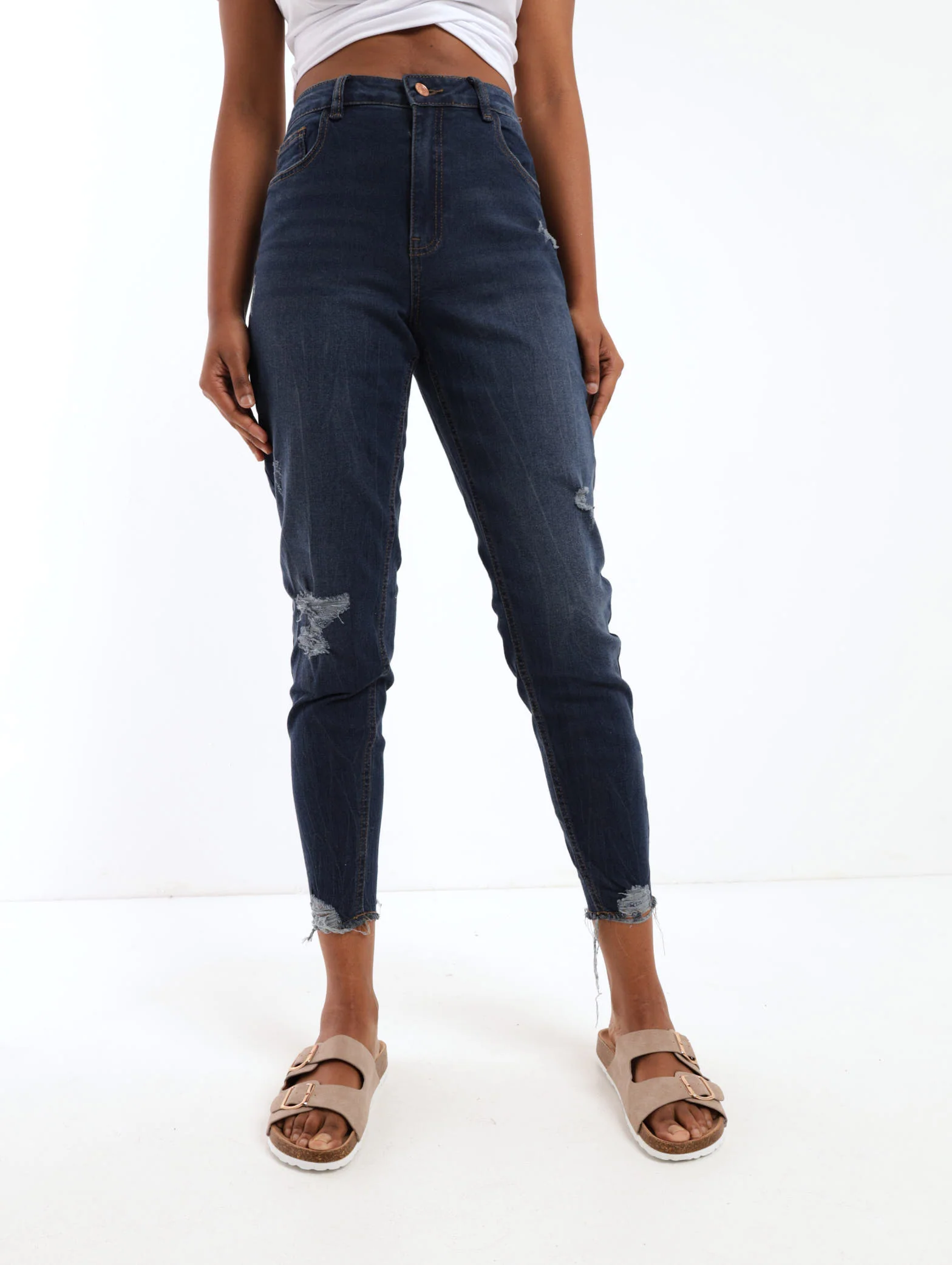 Dark Wash Ink Chewed Hem Abraised Skinny Denim Jean