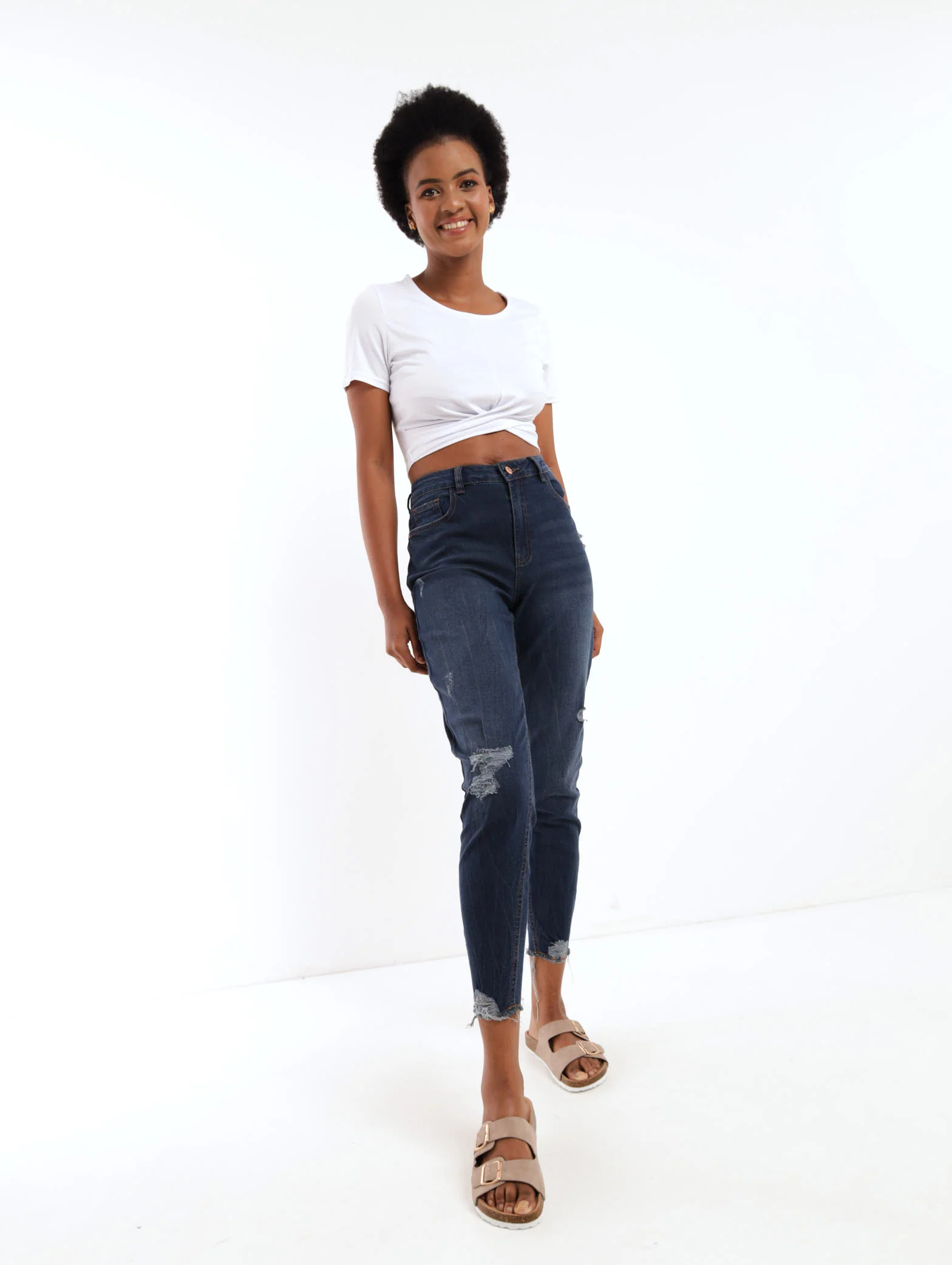 Dark Wash Ink Chewed Hem Abraised Skinny Denim Jean - Image 6
