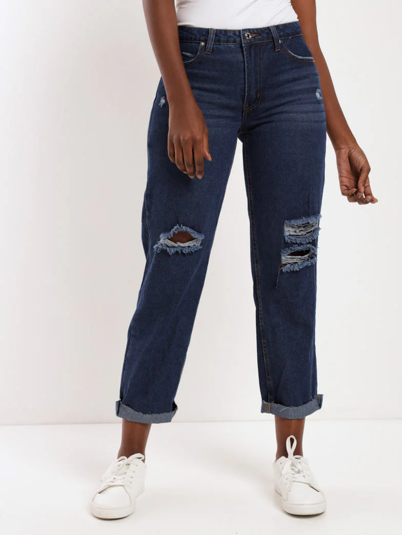 Dark Wash Ink Open Knee Boyfriend Denim Jean - Image 2