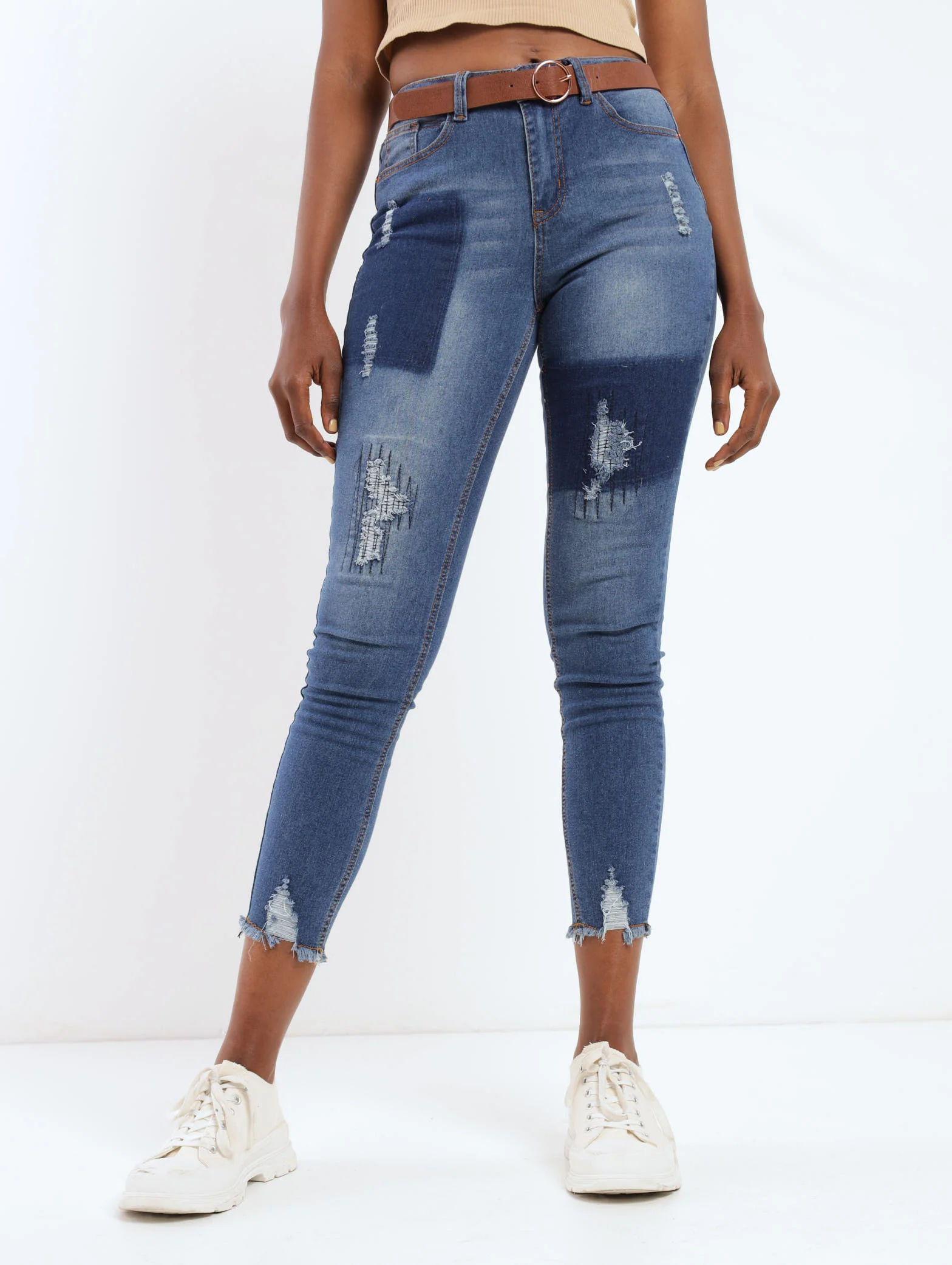 Dark Wash Ink Rip & Repair Patch Belted Skinny Denim Jean