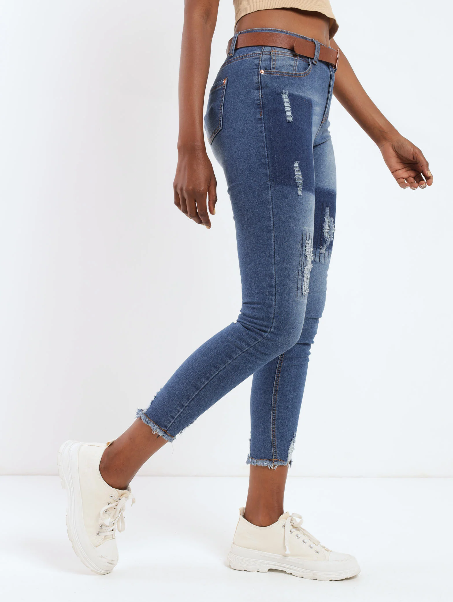 Dark Wash Ink Rip & Repair Patch Belted Skinny Denim Jean - Image 2