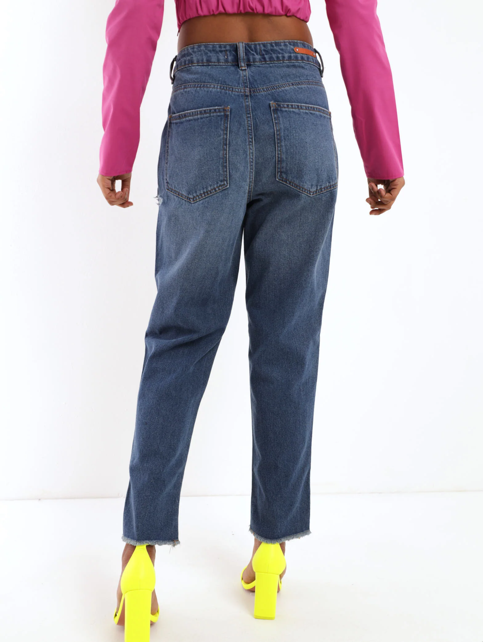 Dark Wash Ink Slash Thigh Denim Mom Jean - Image 3