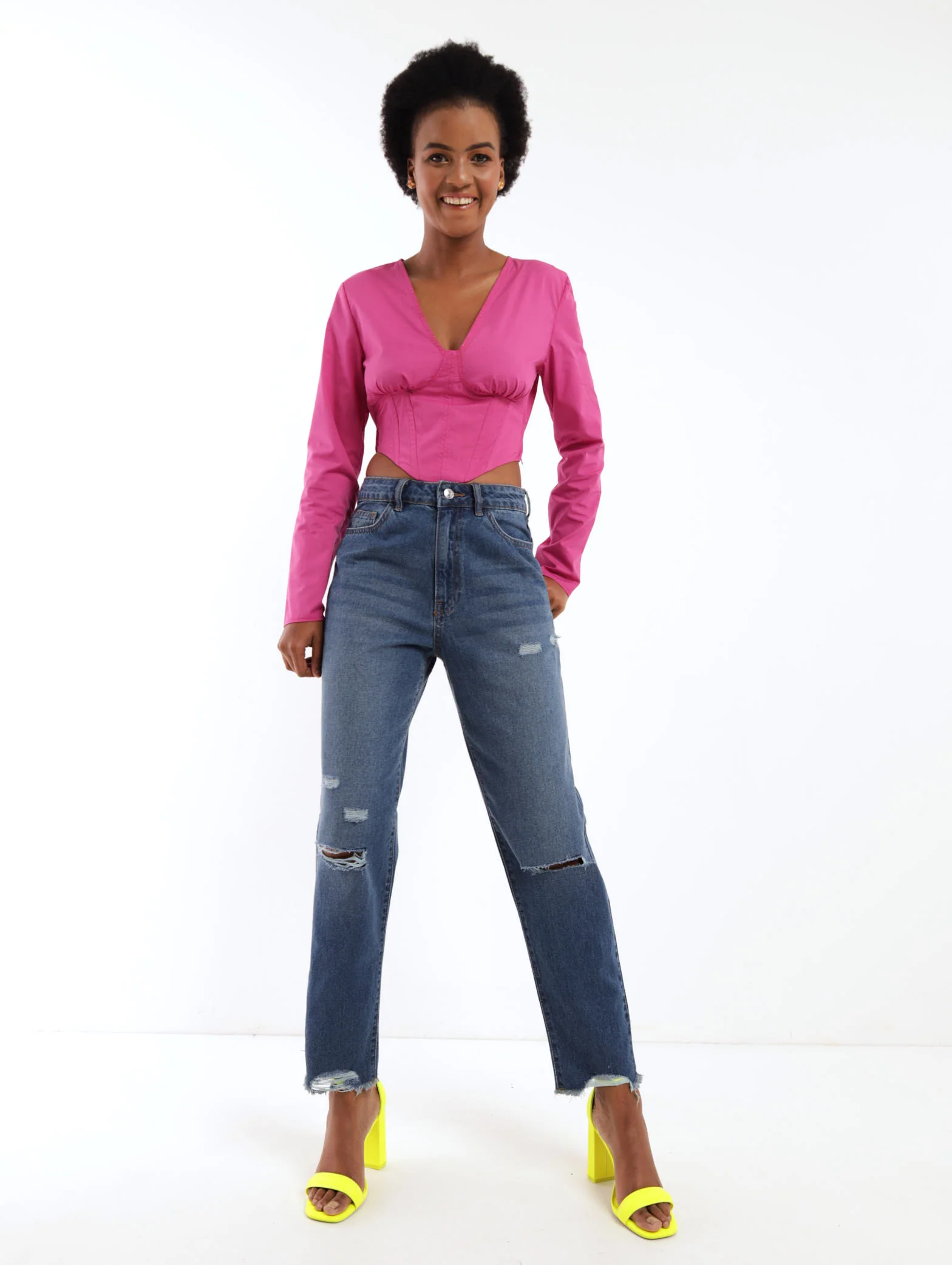 Dark Wash Ink Slash Thigh Denim Mom Jean - Image 6