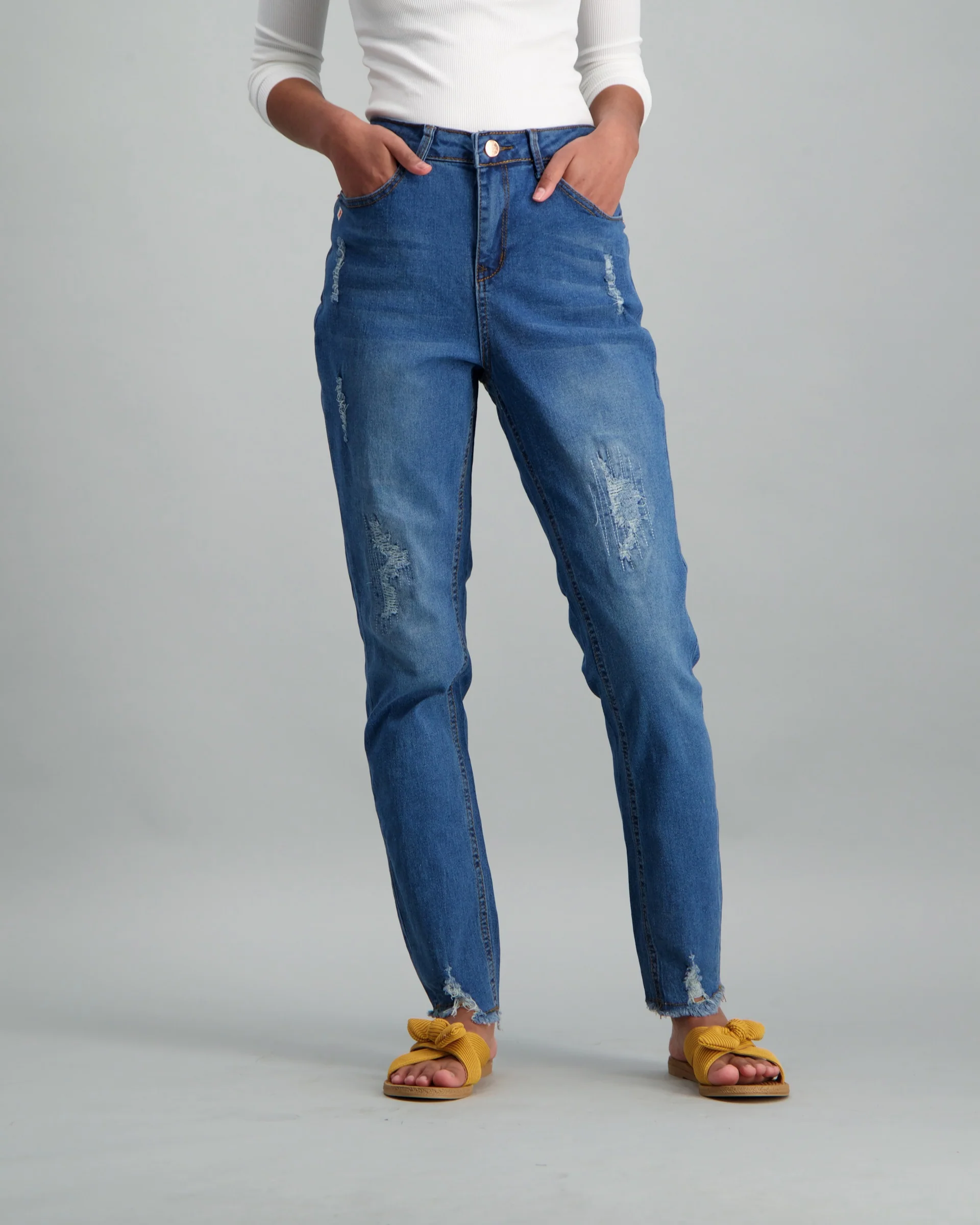Dark Wash Mended Abraised Skinny Denim Jean
