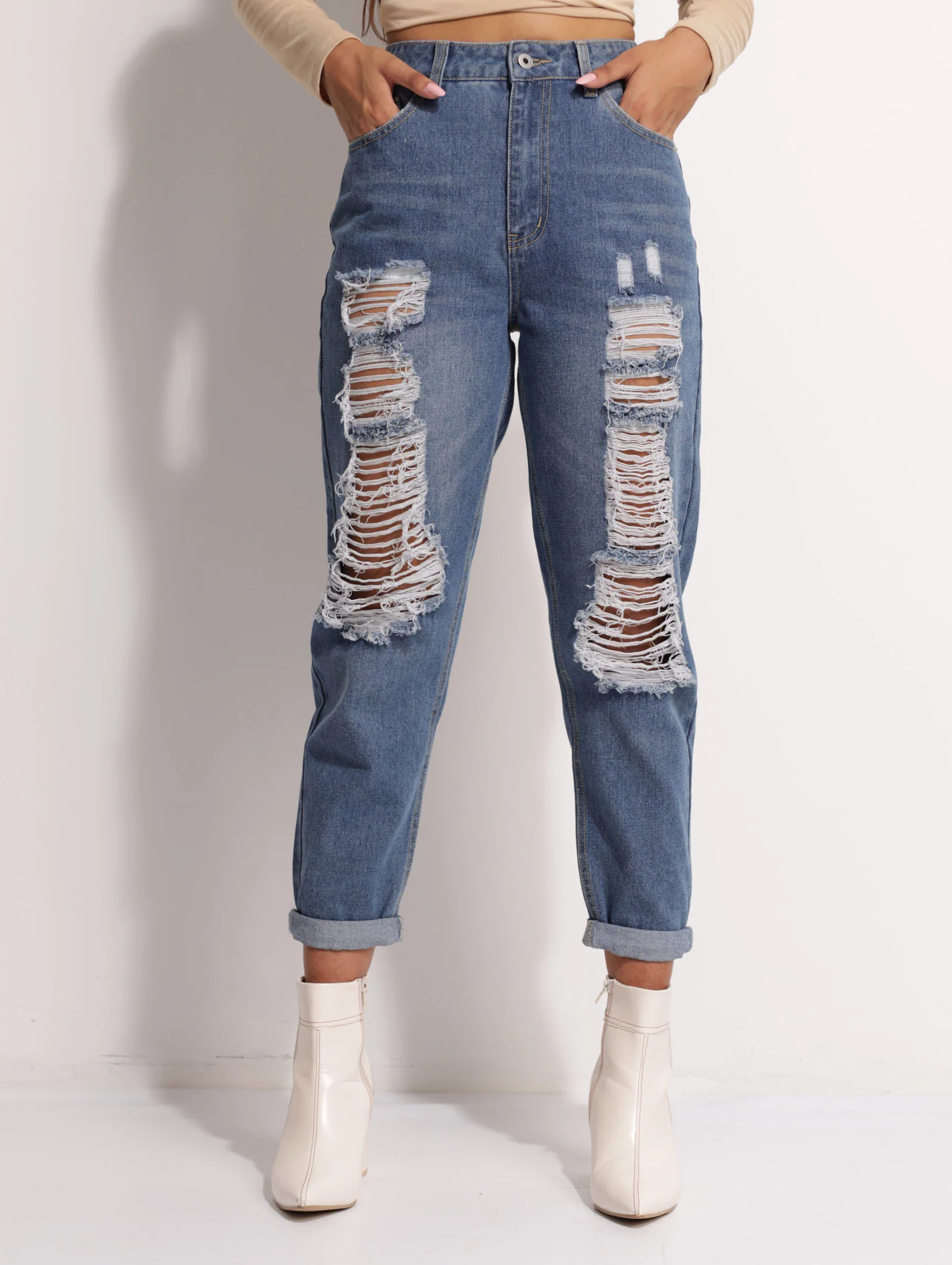Dark Wask Ink Heavily Abraised Mom Denim Jean