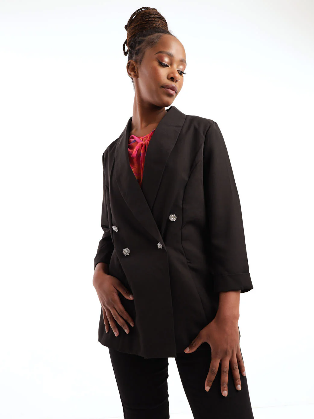 Diamante Double Breasted Blazer - Black