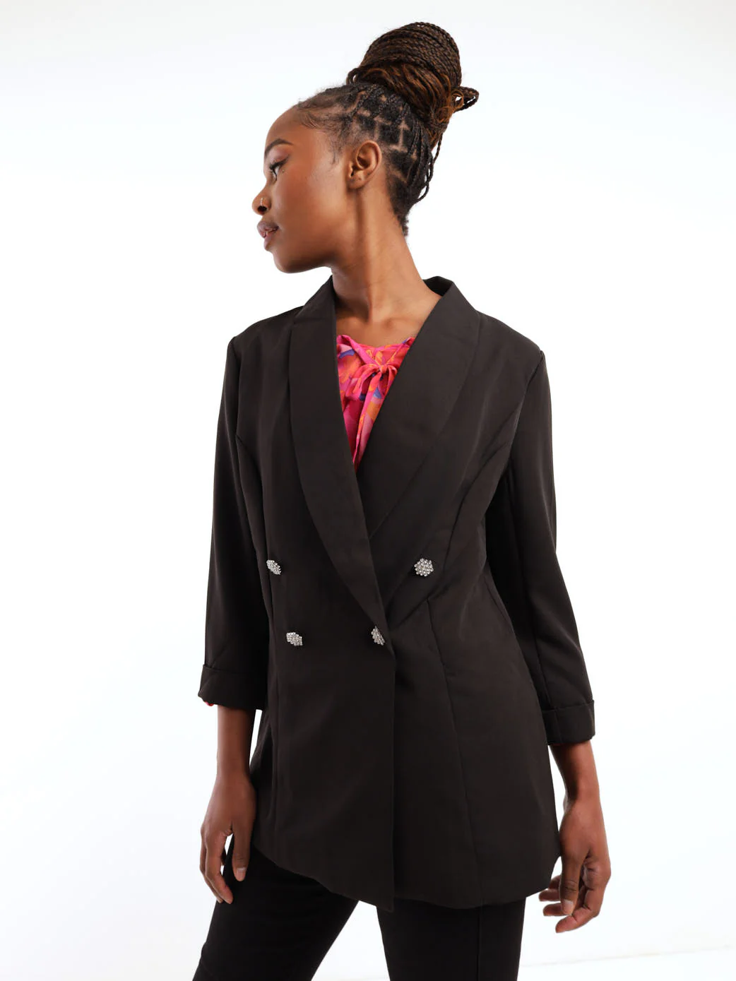 Diamante Double Breasted Blazer - Black - Image 2
