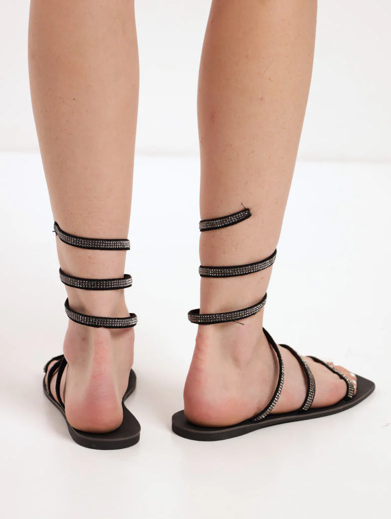 Diamante Mule Sandal With Ankle Spring - Black - Image 3