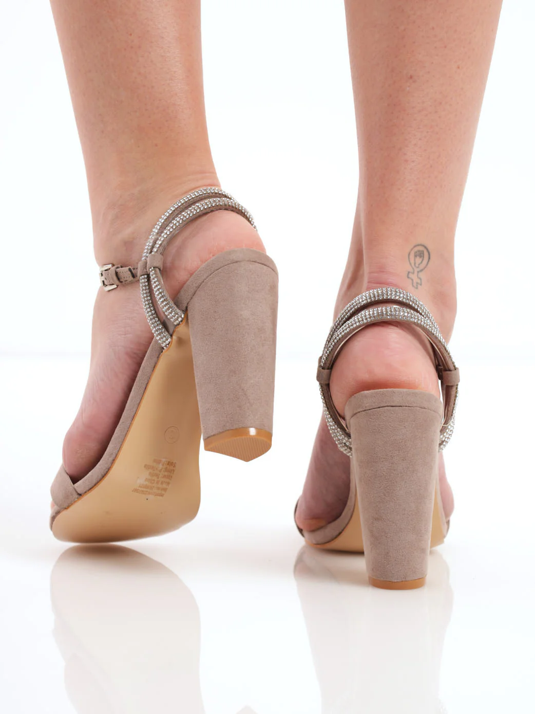 Diamante Tube Ankle Strap Hi-Block Heel - Taupe - Image 3