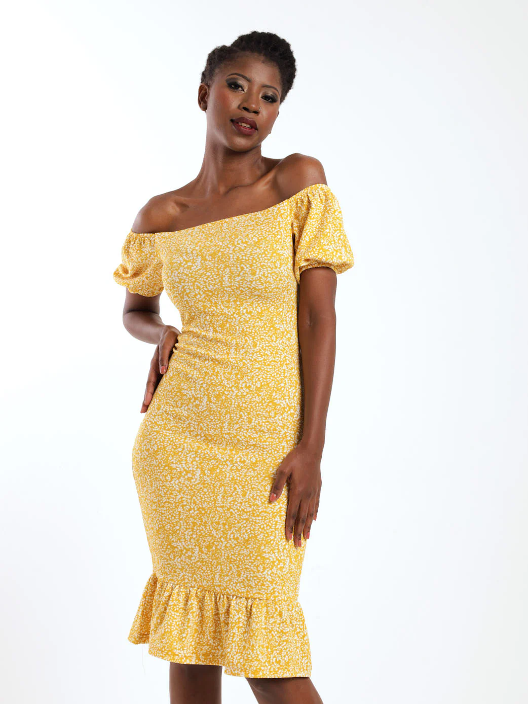Ditsy Floral Off The Shoulder Flounce Hem Midi Dress - Mustard