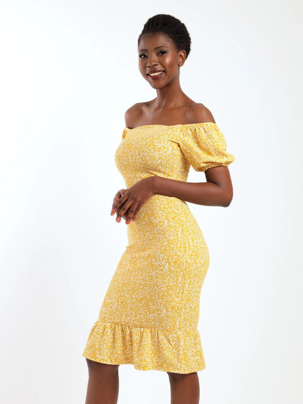 Ditsy Floral Off The Shoulder Flounce Hem Midi Dress - Mustard - Image 3
