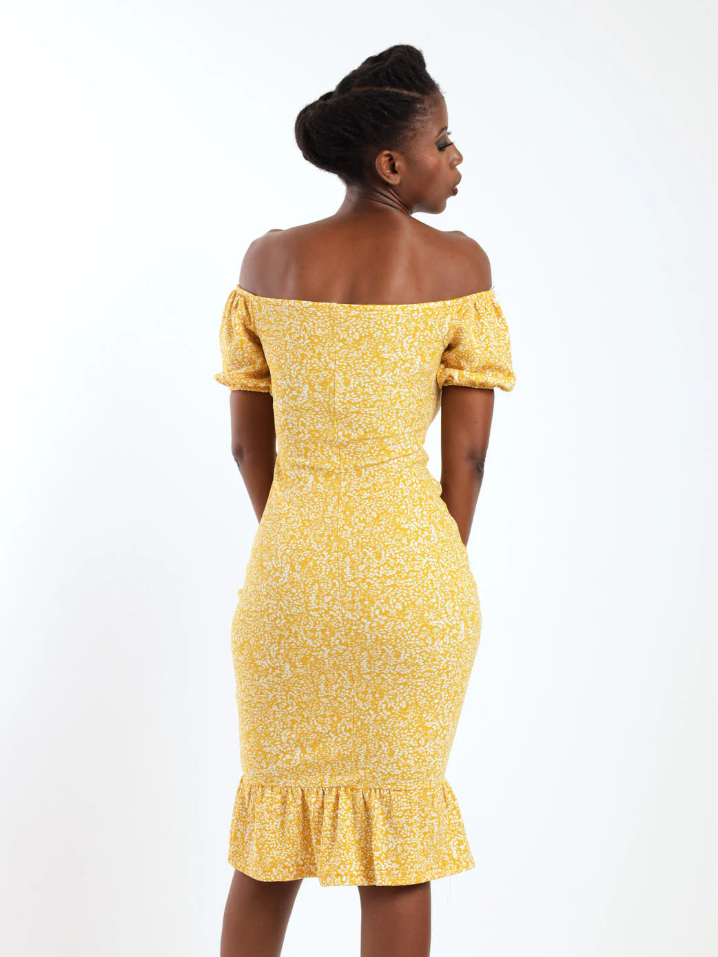 Ditsy Floral Off The Shoulder Flounce Hem Midi Dress - Mustard - Image 4