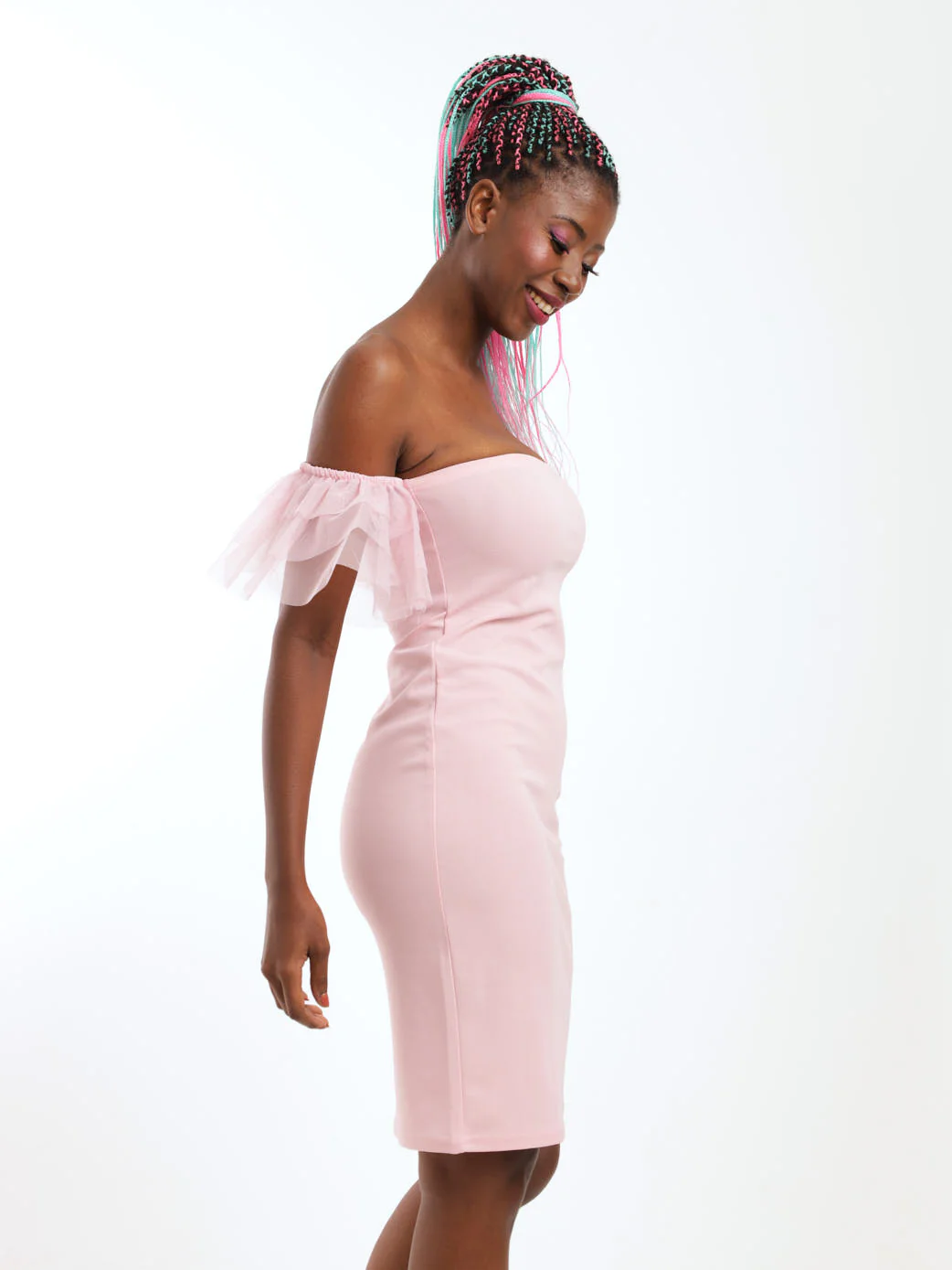 Dobby Mesh Sleeve Bodycon Dress - Blush - Image 2