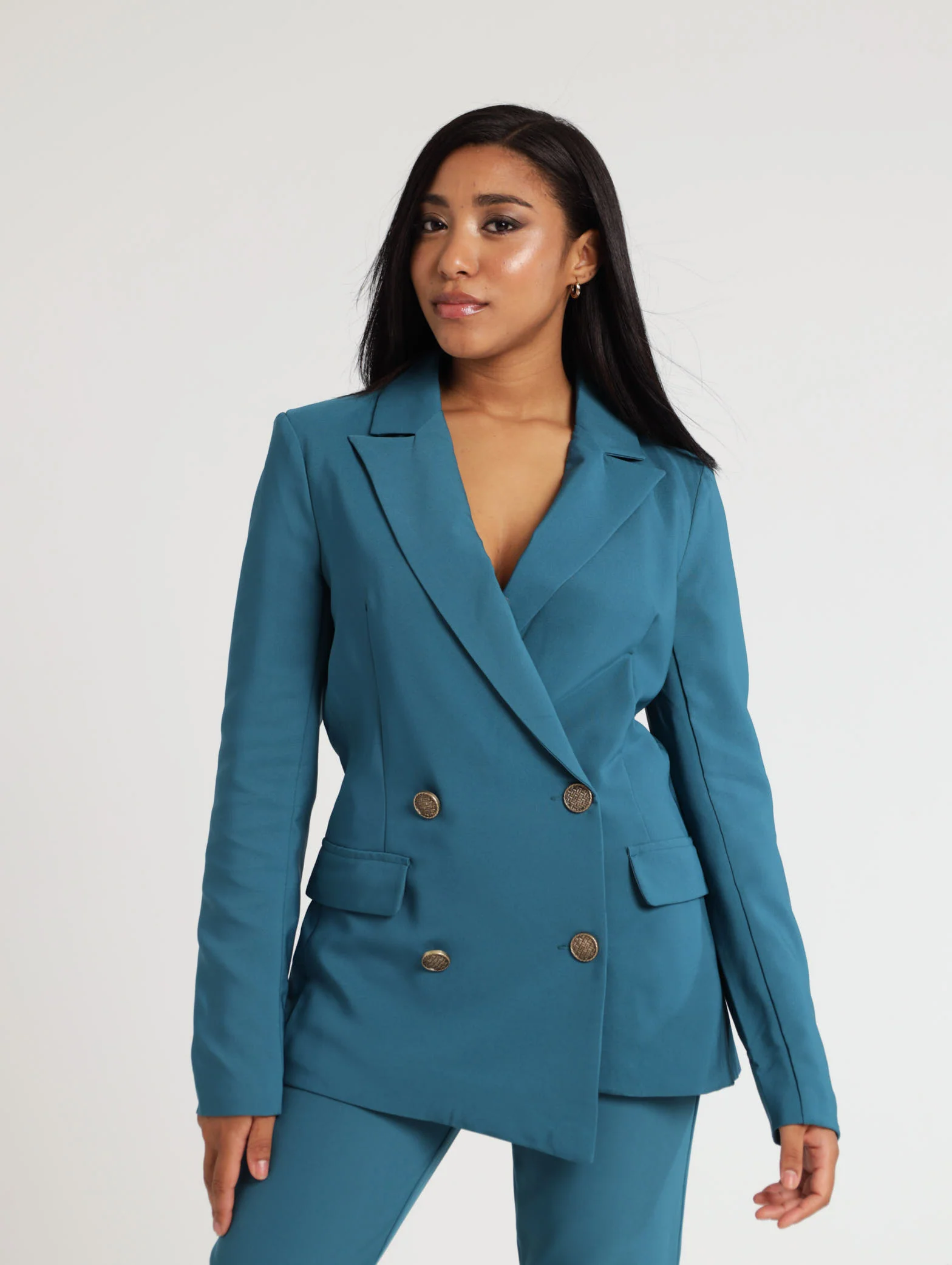 Double Breasted Gold Button Blazer - Teal