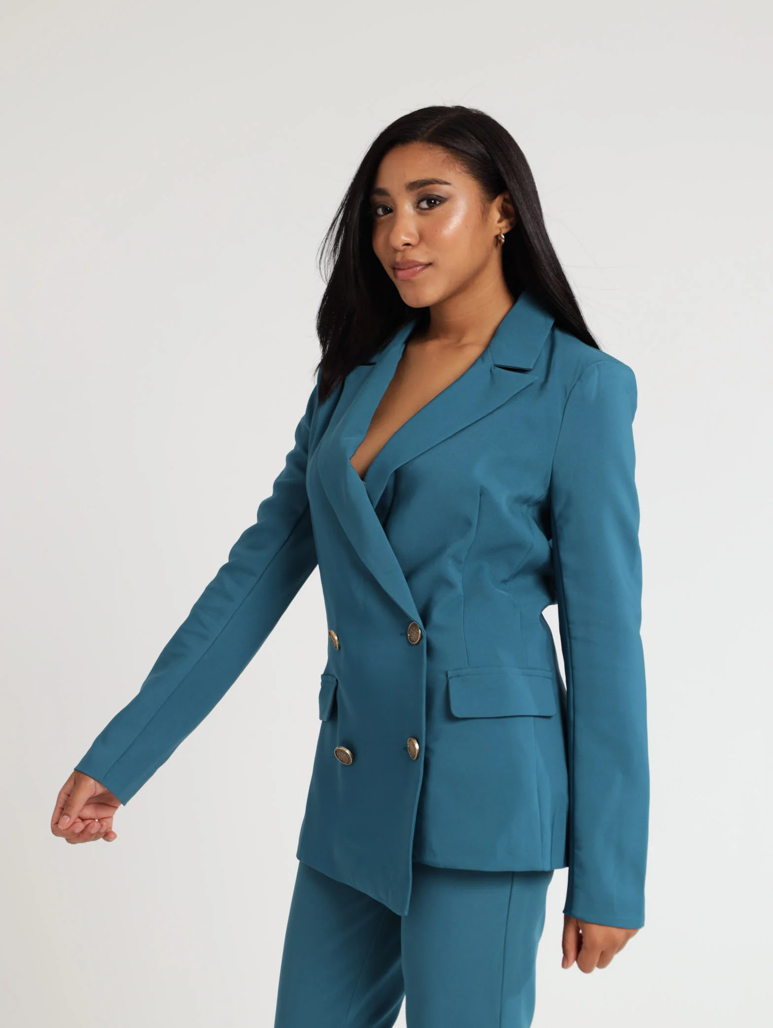 Double Breasted Gold Button Blazer - Teal - Image 3