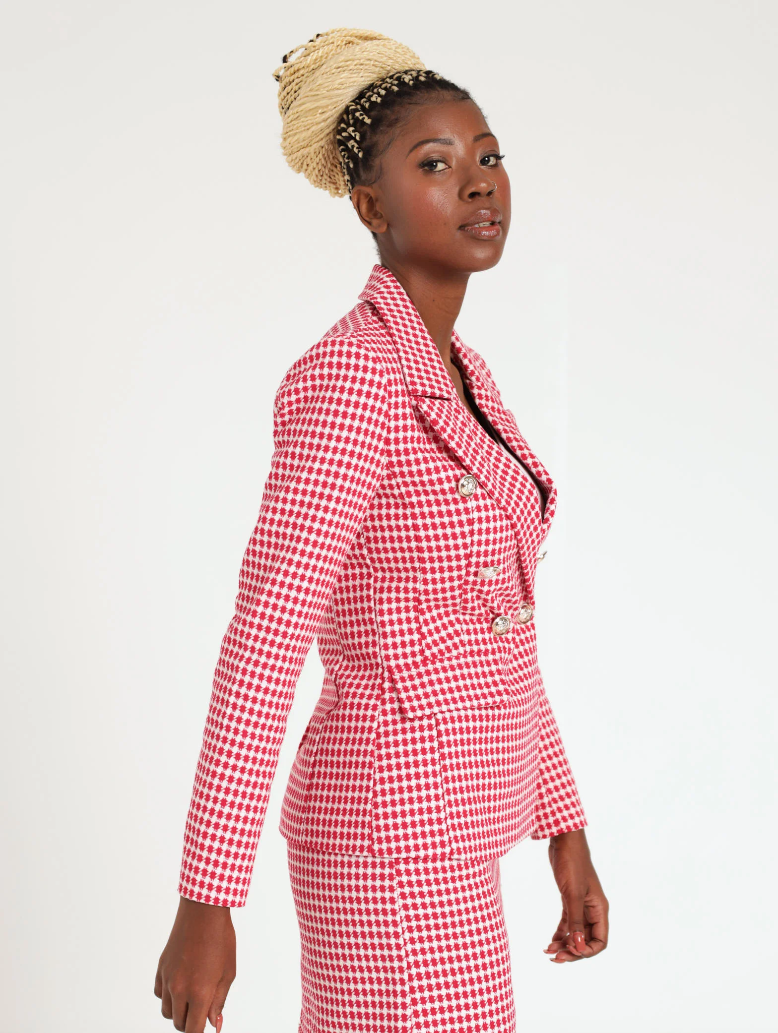 Double Breasted Gold Button Tweed Check Blazer - Red - Image 3