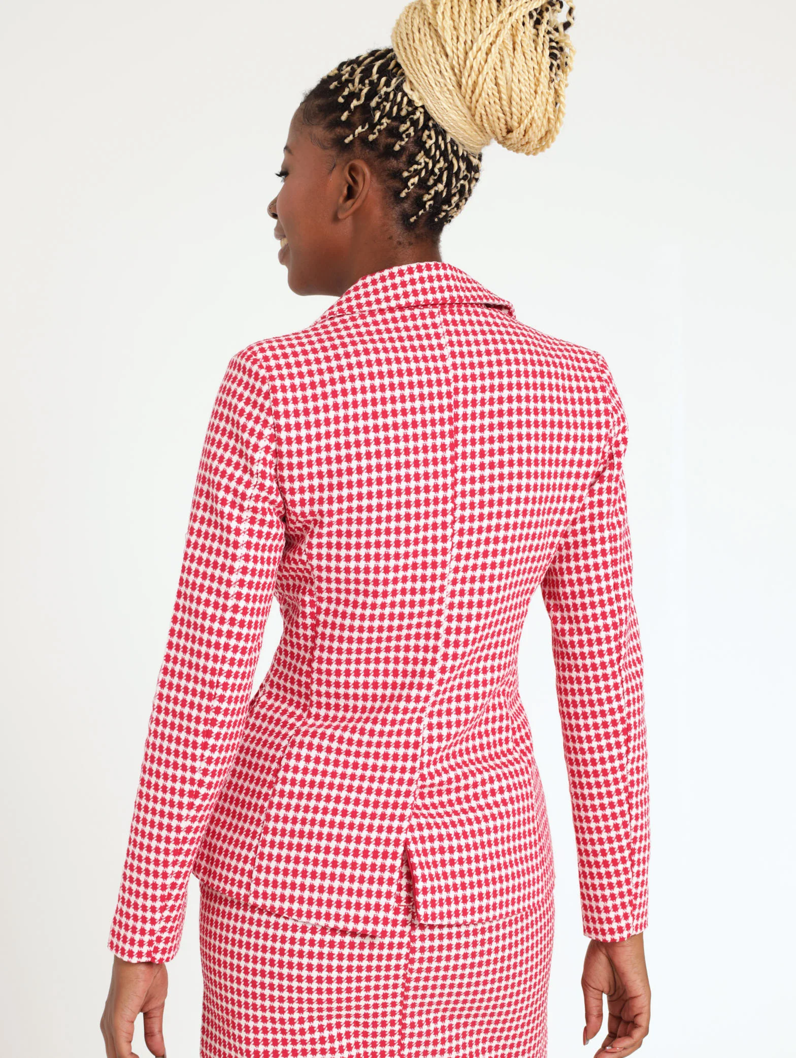 Double Breasted Gold Button Tweed Check Blazer - Red - Image 4