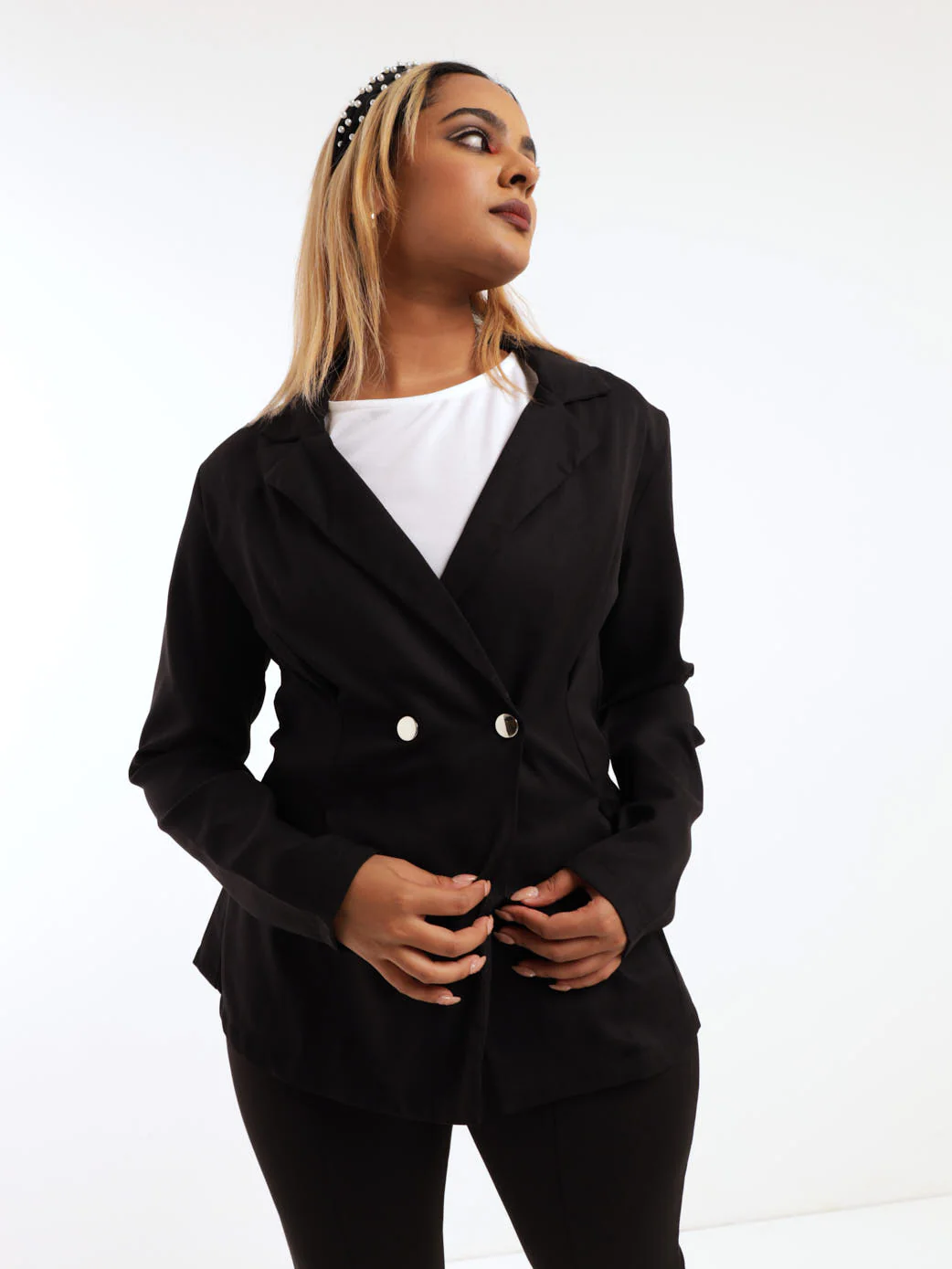 Double Breasted Pleat Detail Blazer - Black