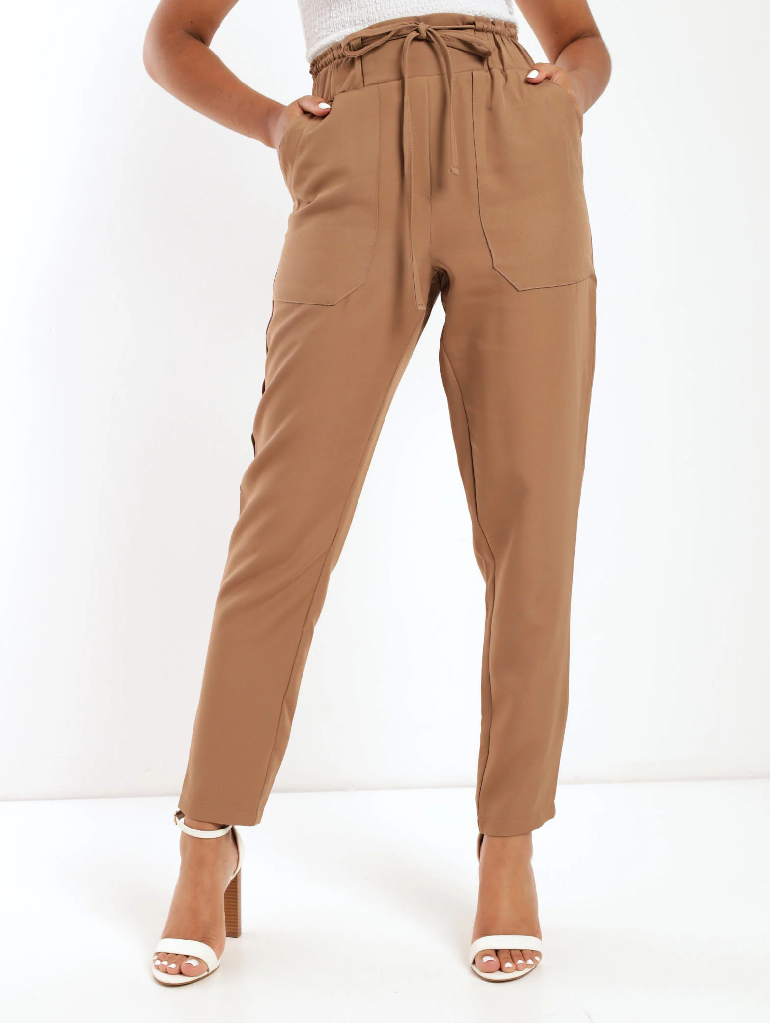 Elasticated Waist-Tie Straight Leg Pant - Tan