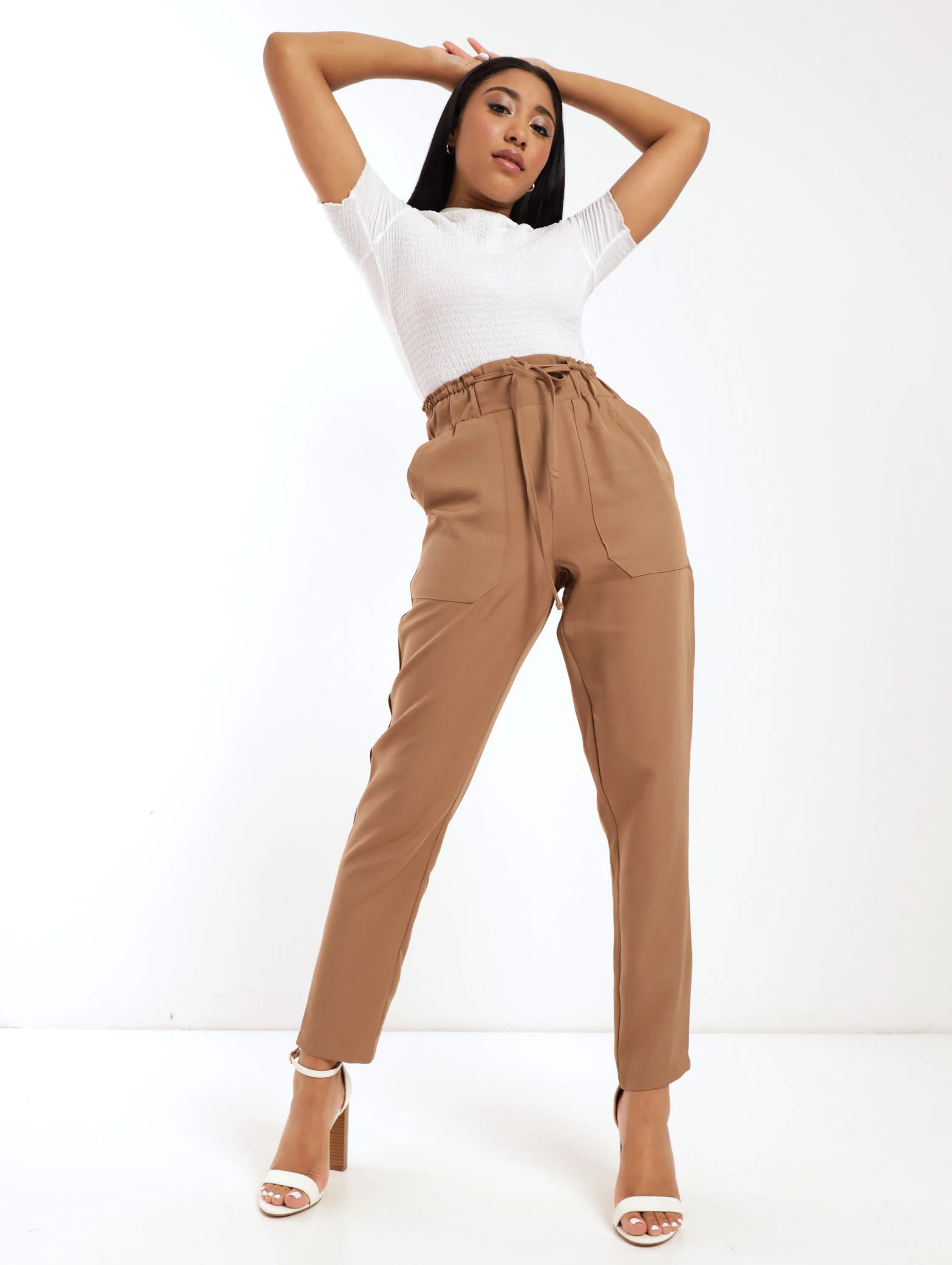 Elasticated Waist-Tie Straight Leg Pant - Tan - Image 2