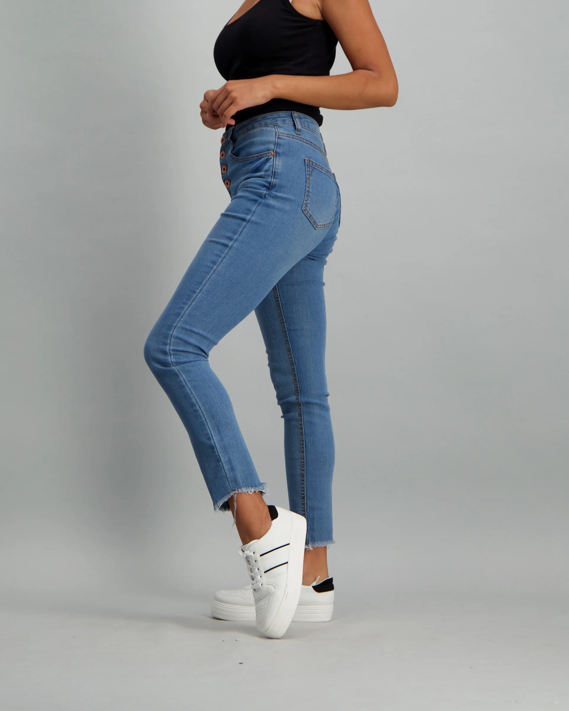 Exposed Button Frayed Hem Skinny Denim Jean - Image 2